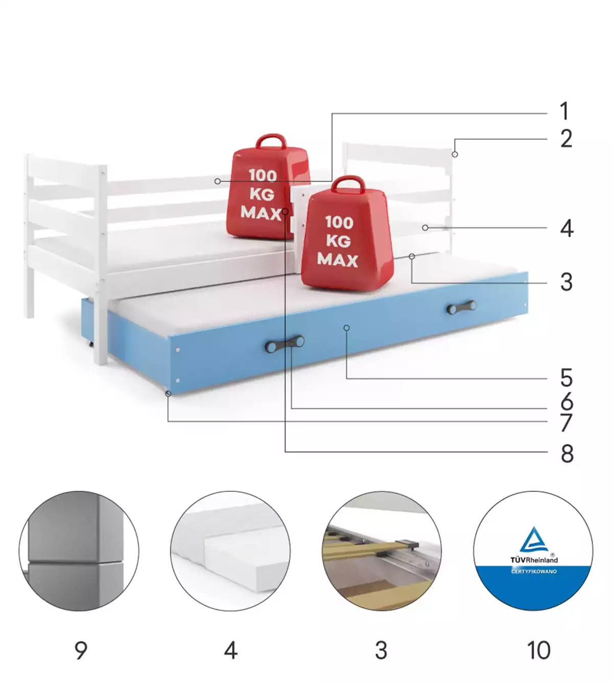 Composants pour Lit ado gigogne Éric 90X190 avec matelas et tiroir, blanc/bleu Composants pour Lit ado gigogne Éric 90X190 avec matelas et tiroir, blanc/bleu