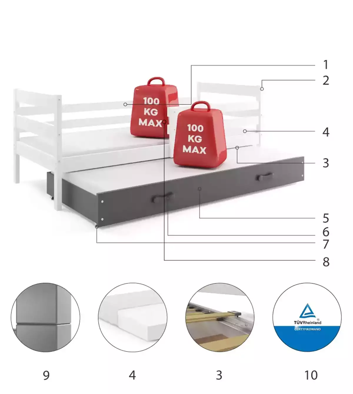 Composants pour Lit ado gigogne Éric 90X190 avec matelas et tiroir, blanc/gris Composants pour Lit ado gigogne Éric 90X190 avec matelas et tiroir, blanc/gris