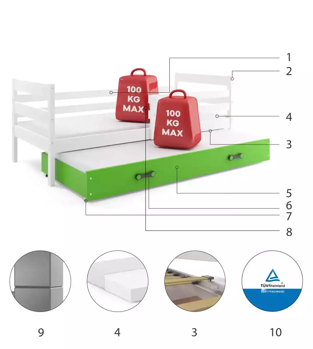 Composants pour Lit ado gigogne Éric 90X190 avec matelas et tiroir, blanc/vert Composants pour Lit ado gigogne Éric 90X190 avec matelas et tiroir, blanc/vert