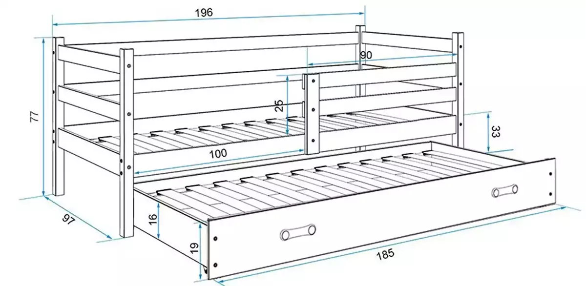 Dimensions et spécifications pour Lit ado gigogne Éric 90X190 avec matelas et tiroir, gris Dimensions et spécifications pour Lit ado gigogne Éric 90X190 avec matelas et tiroir, gris