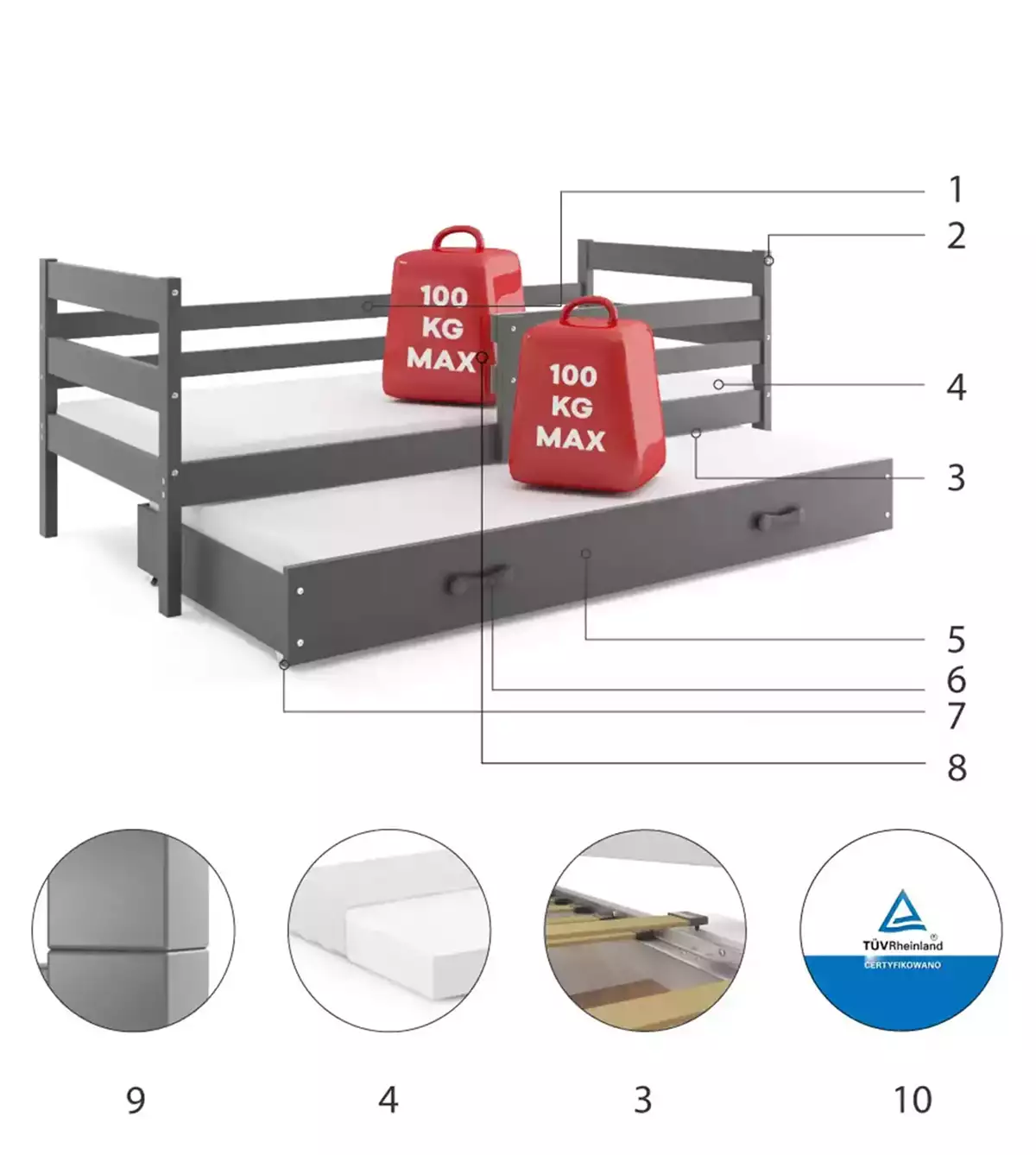 Composants pour Lit ado gigogne Éric 90X190 avec matelas et tiroir, gris Composants pour Lit ado gigogne Éric 90X190 avec matelas et tiroir, gris