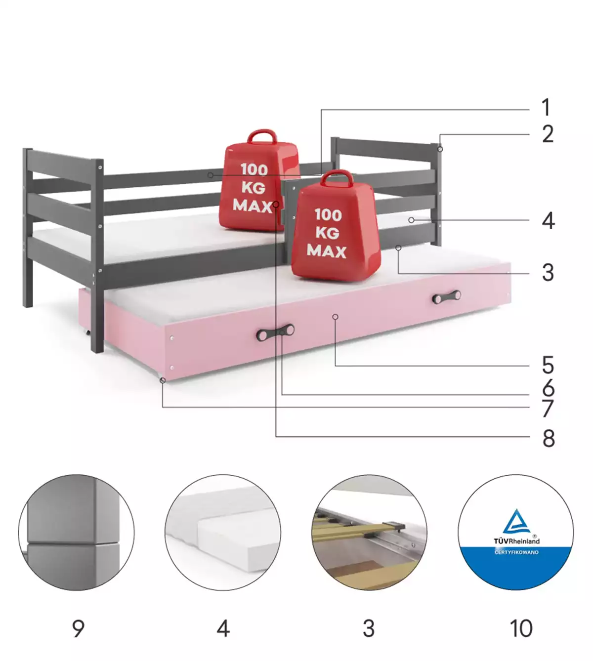 Composants pour Lit ado gigogne Éric 90X190 avec matelas et tiroir, gris/rose