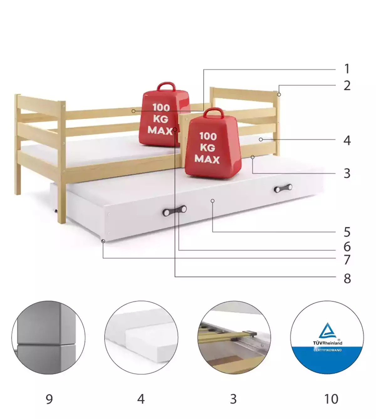 Composants pour Lit ado gigogne Éric 90X190 avec matelas et tiroir, pin/blanc