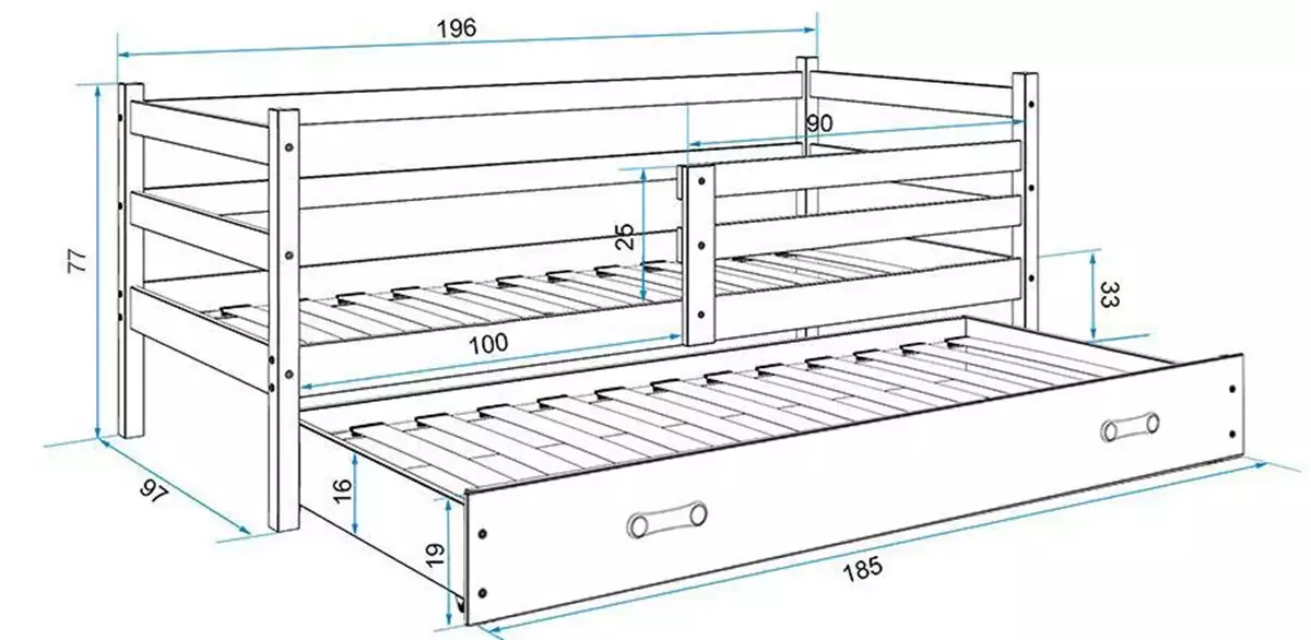 Dimensions et spécifications pour Lit ado gigogne Éric 90X190 avec matelas et tiroir, pin/gris