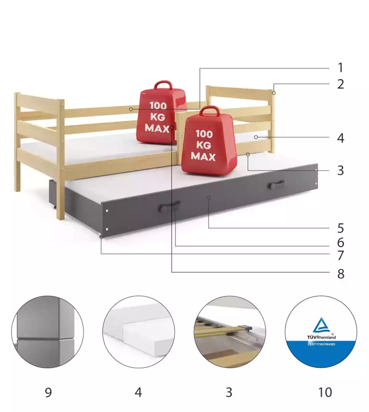 Composants pour Lit ado gigogne Éric 90X190 avec matelas et tiroir, pin/gris