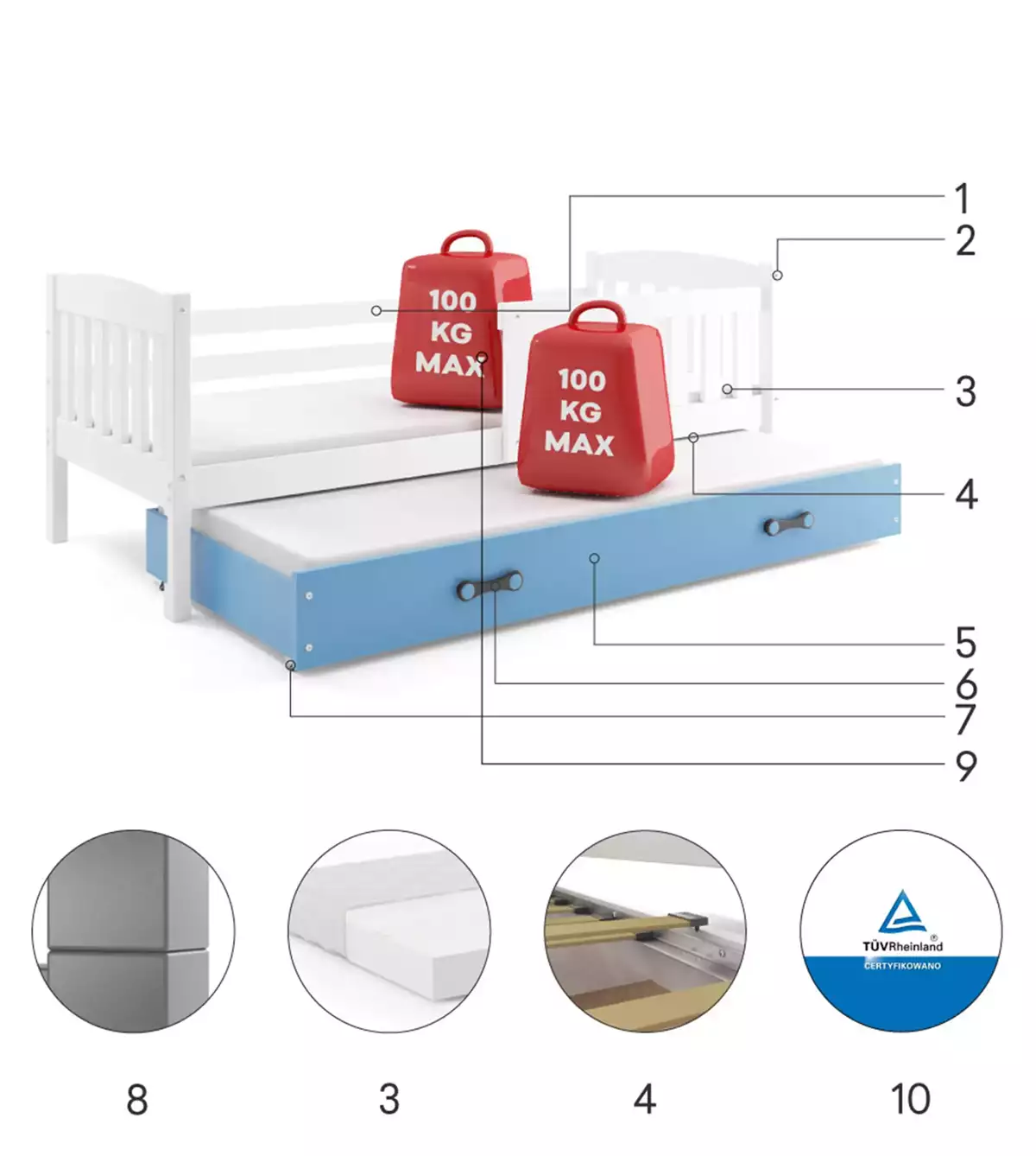 Composants pour Lit ado gigogne Jacquot 90X190 avec matelas et tiroir, blanc/bleu
