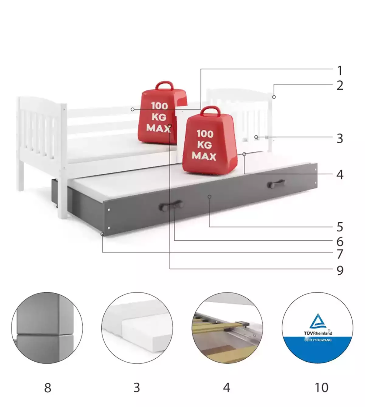 Composants pour Lit ado gigogne Jacquot 90X190 avec matelas et tiroir, blanc/gris