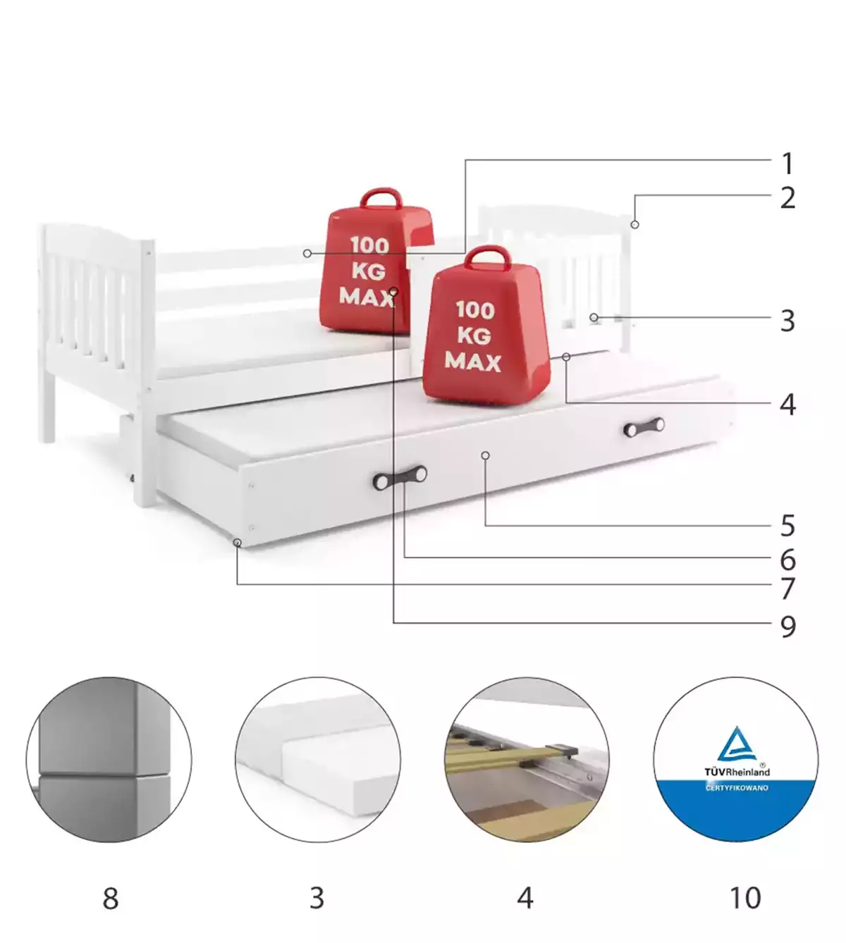 Composants pour Lit ado gigogne Jacquot 90X190 avec matelas et tiroir, blanc
