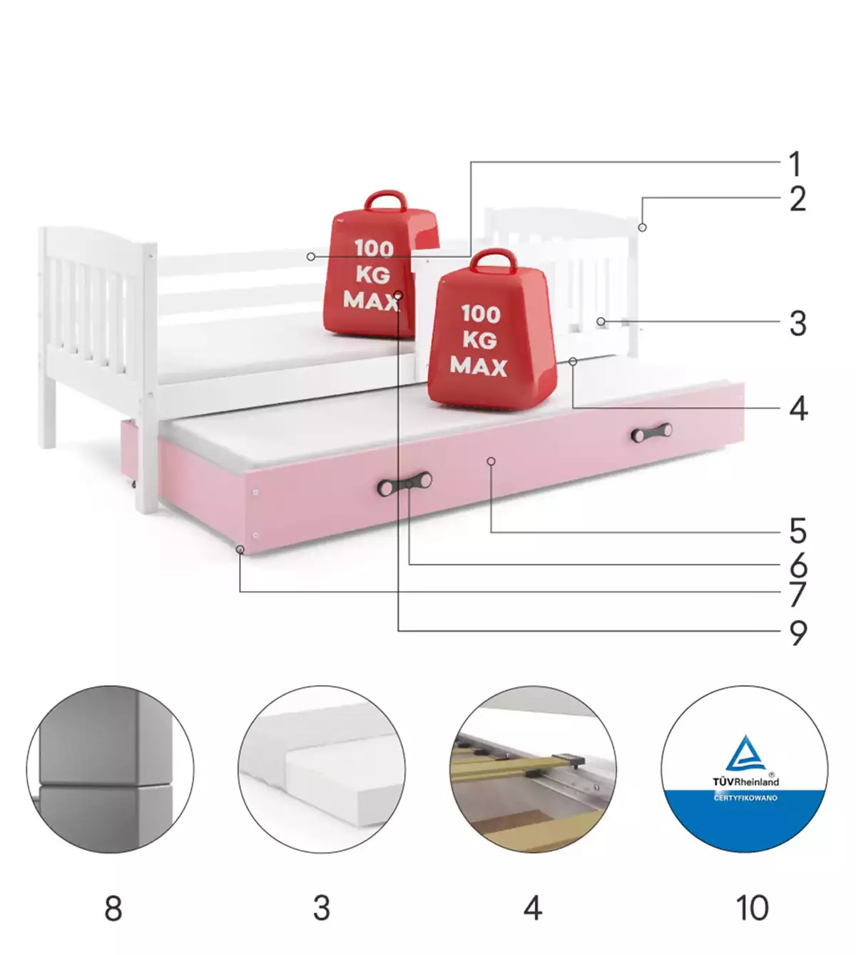 Composants pour Lit ado gigogne Jacquot 90X190 avec matelas et tiroir, blanc/rose