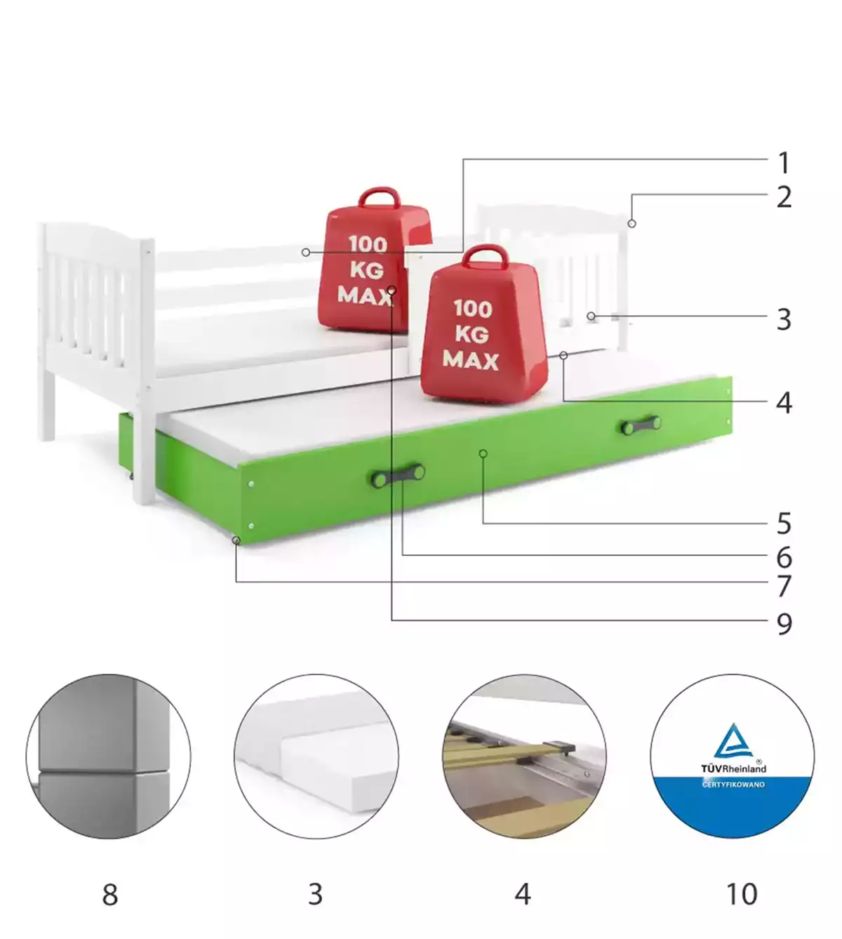 Composants pour Lit ado gigogne Jacquot 90X190 avec matelas et tiroir, blanc/vert