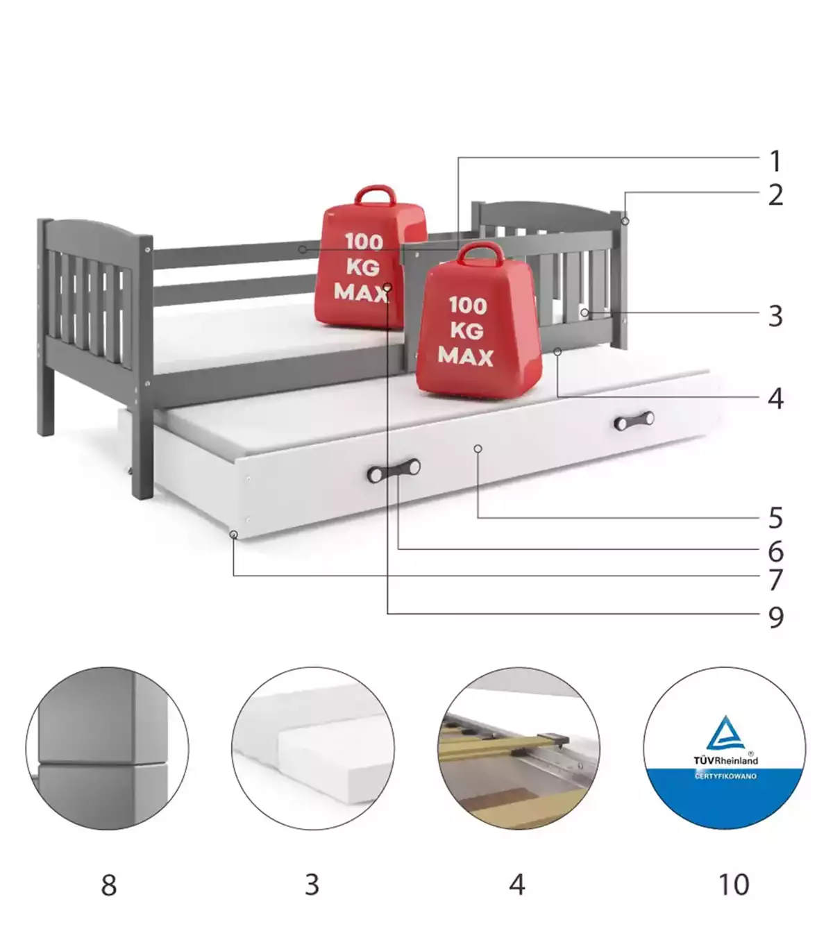 Composants pour Lit ado gigogne Jacquot 90X190 avec matelas et tiroir, gris/blanc Composants pour Lit ado gigogne Jacquot 90X190 avec matelas et tiroir, gris/blanc