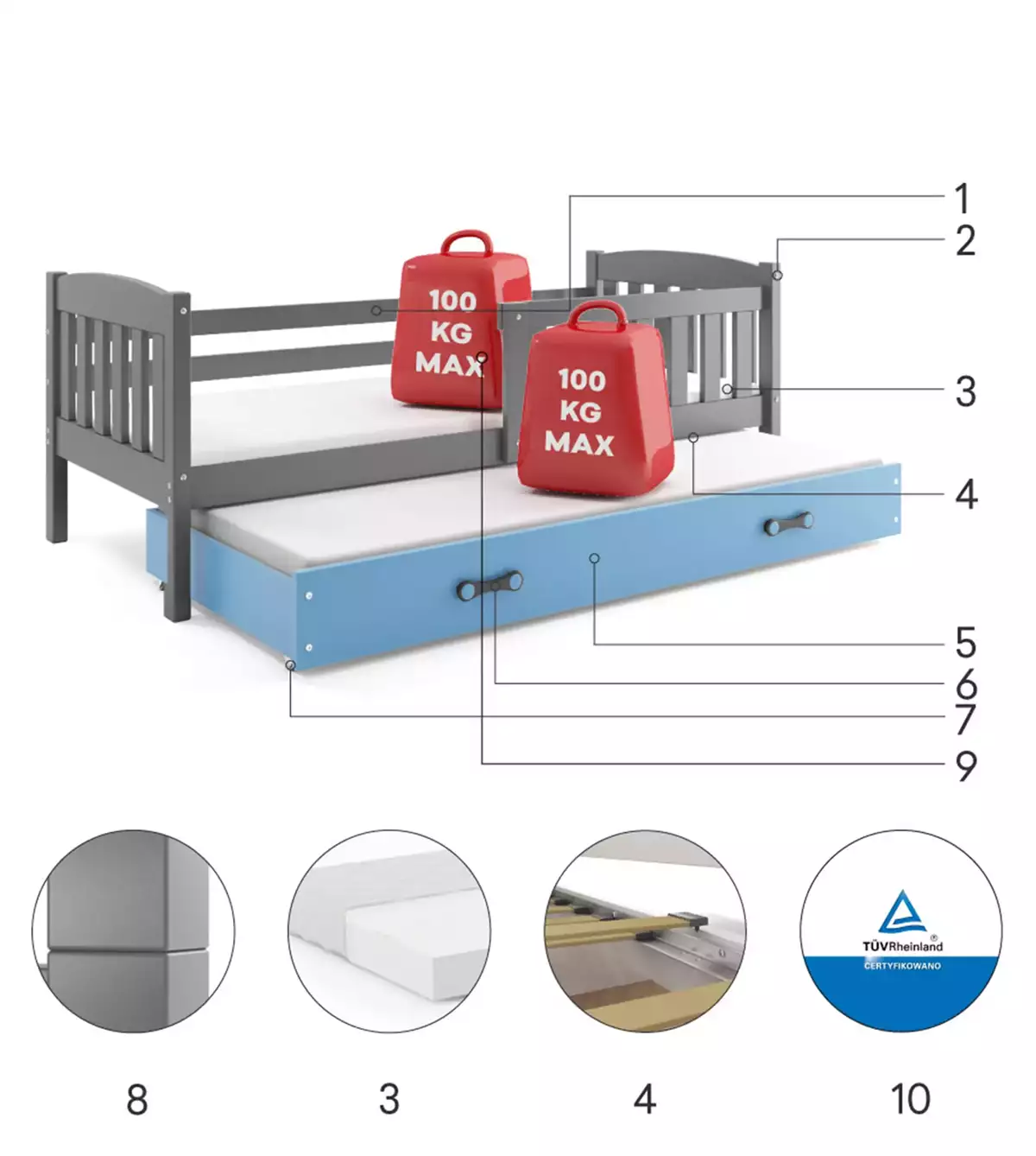Composants pour Lit ado gigogne Jacquot 90X190 avec matelas et tiroir, gris/bleu
