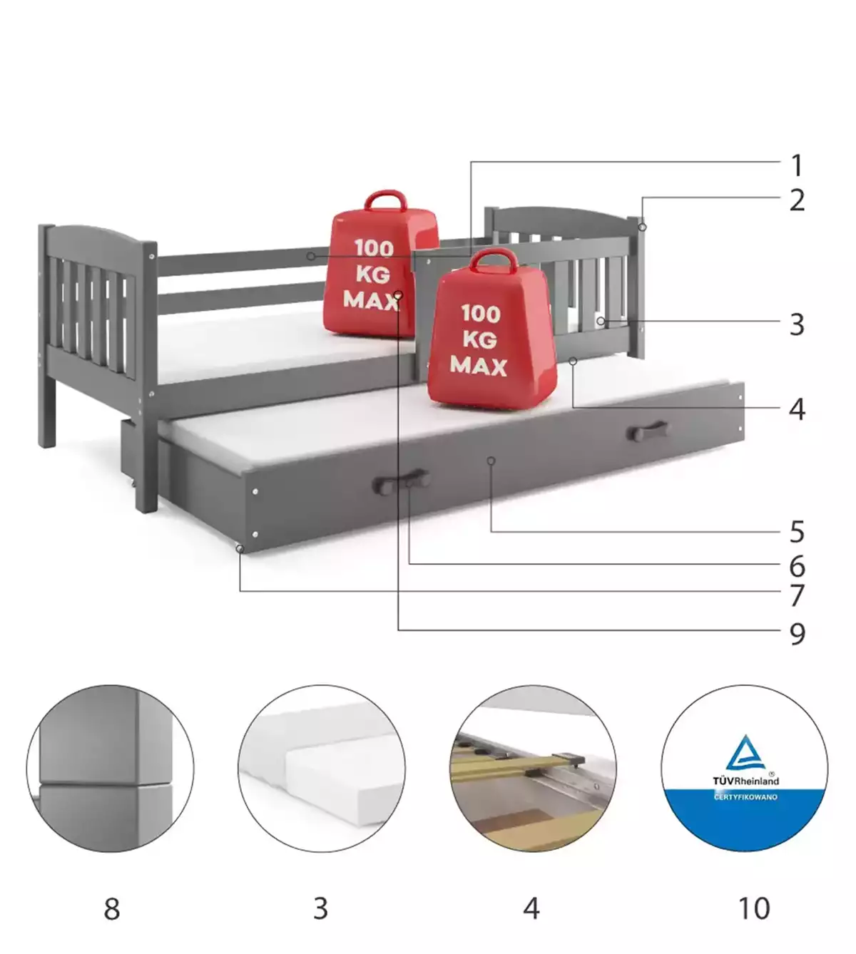 Composants pour Lit ado gigogne Jacquot 90X190 avec matelas et tiroir, gris