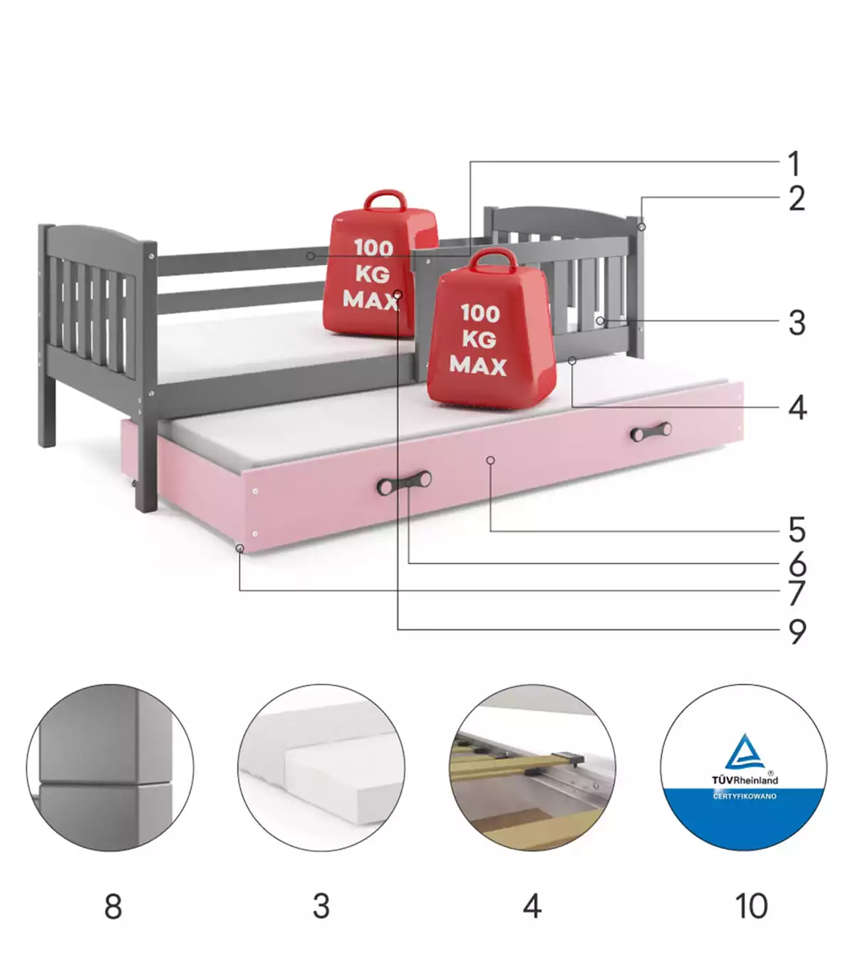 Composants pour Lit ado gigogne Jacquot 90X190 avec matelas et tiroir, gris/rose