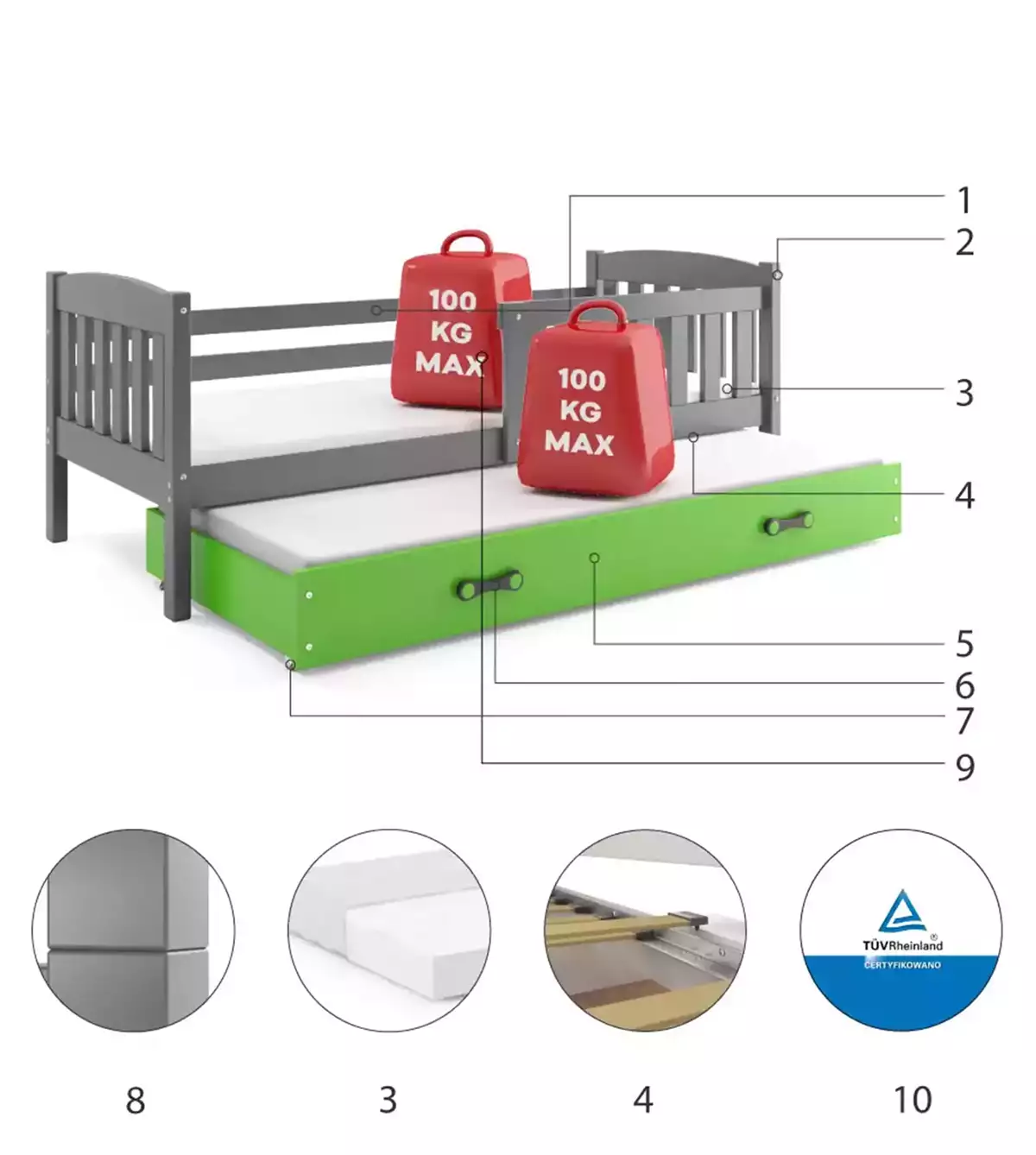 Composants pour Lit ado gigogne Jacquot 90X190 avec matelas et tiroir, gris/vert