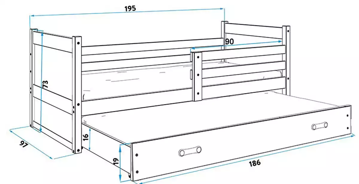Dimensions et spécifications pour Lit ado gigogne Rico 90X190 avec matelas et tiroir, blanc/bleu Dimensions et spécifications pour Lit ado gigogne Rico 90X190 avec matelas et tiroir, blanc/bleu
