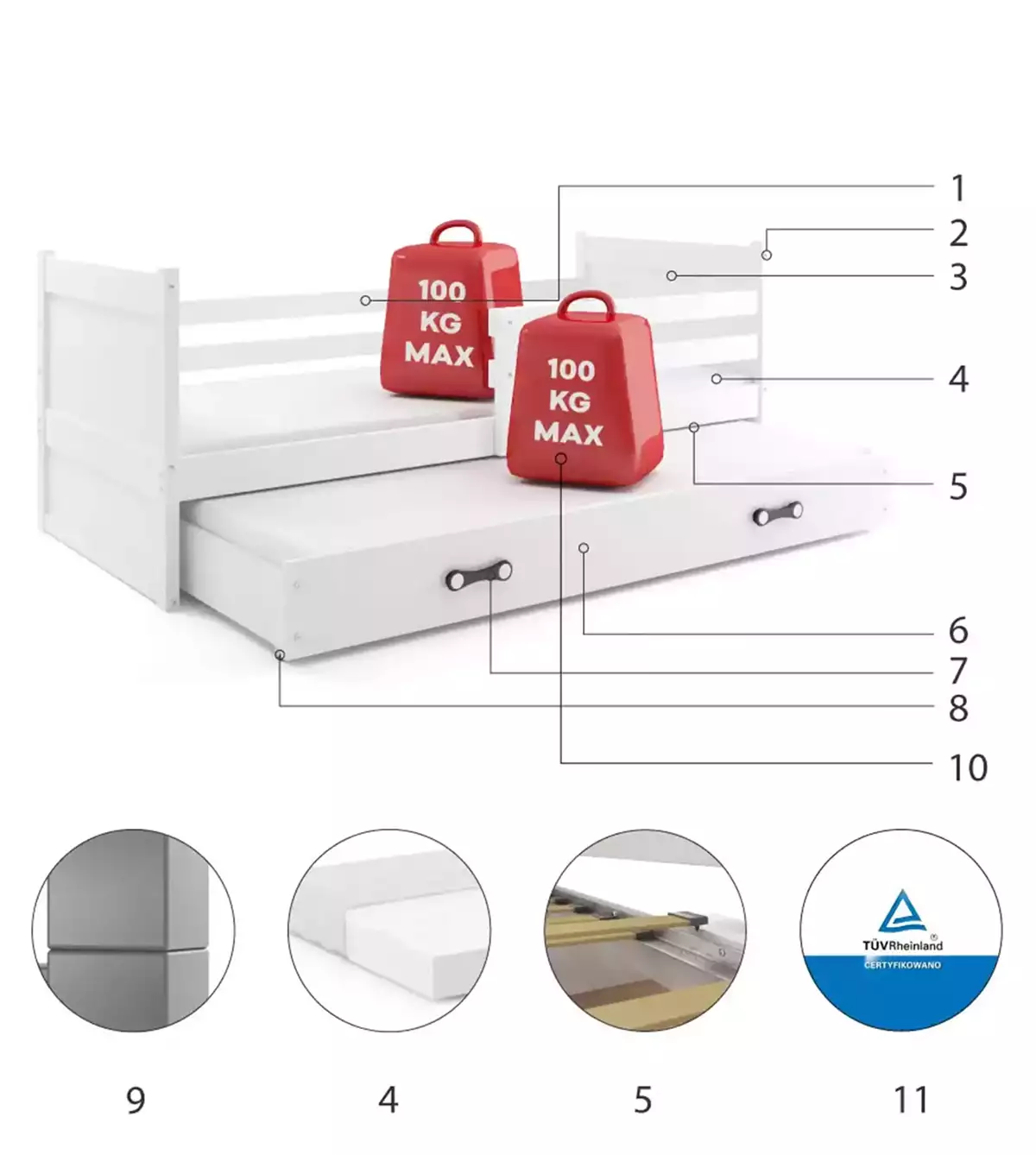 Composants pour Lit ado gigogne Rico 90X190 avec matelas et tiroir, blanc Composants pour Lit ado gigogne Rico 90X190 avec matelas et tiroir, blanc