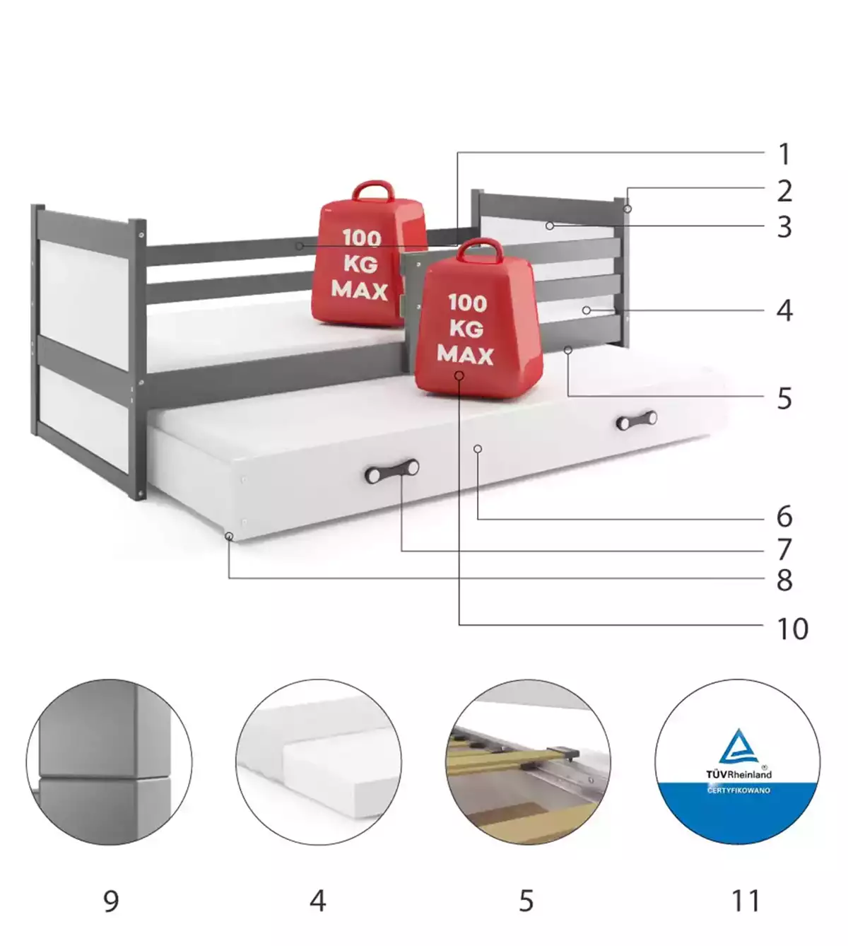 Composants pour Lit ado gigogne Rico 90X190 avec matelas et tiroir, gris/blanc Composants pour Lit ado gigogne Rico 90X190 avec matelas et tiroir, gris/blanc