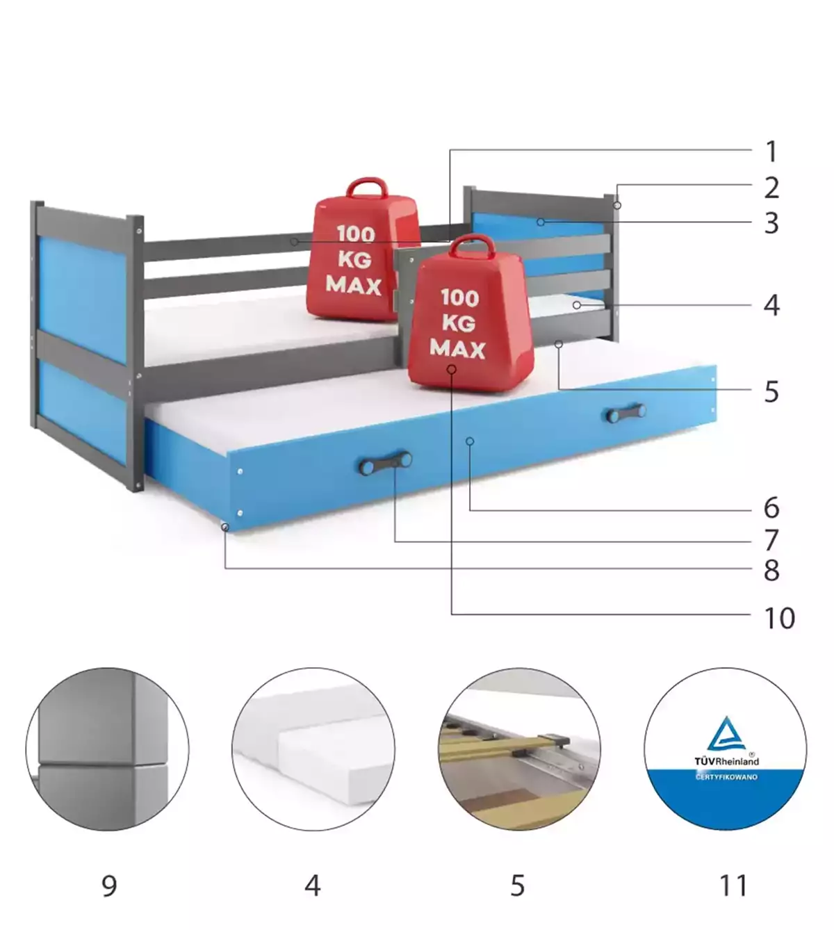 Composants pour Lit ado gigogne Rico 90X190 avec matelas et tiroir, gris/bleu