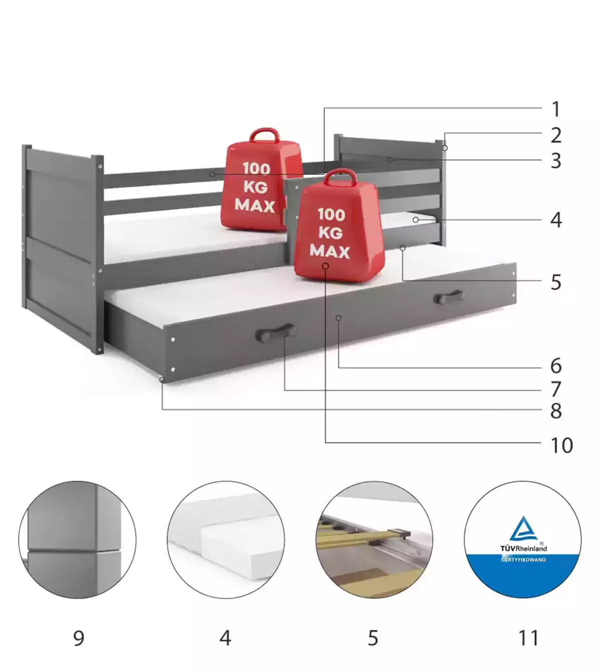 Composants pour Lit ado gigogne Rico 90X190 avec matelas et tiroir, gris