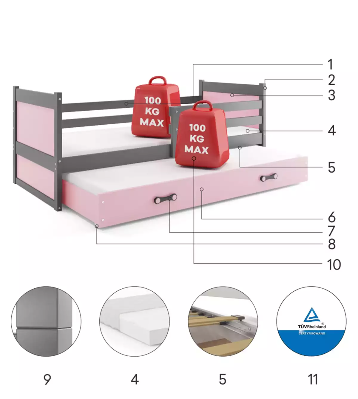 Composants pour Lit ado gigogne Rico 90X190 avec matelas et tiroir, gris/rose