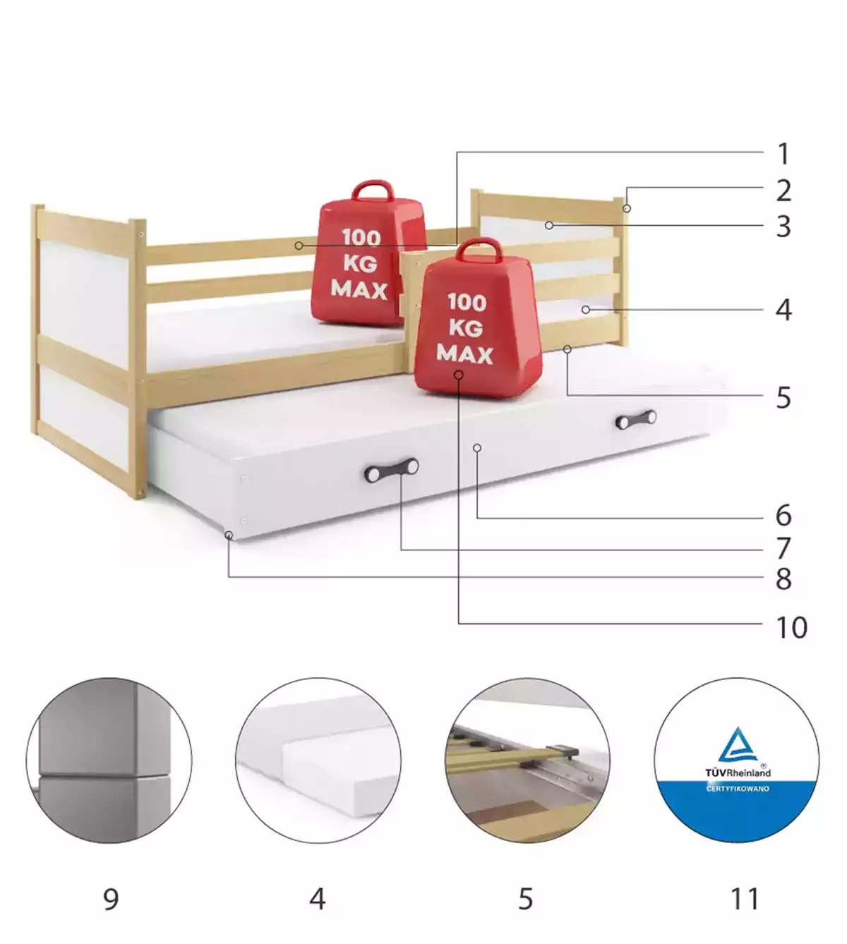 Composants pour Lit ado gigogne Rico 90X190 avec matelas et tiroir, pin/blanc