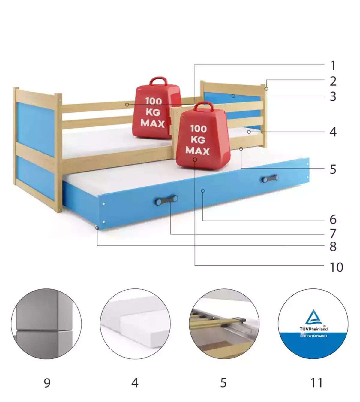 Composants pour Lit ado gigogne Rico 90X190 avec matelas et tiroir, pin/bleu