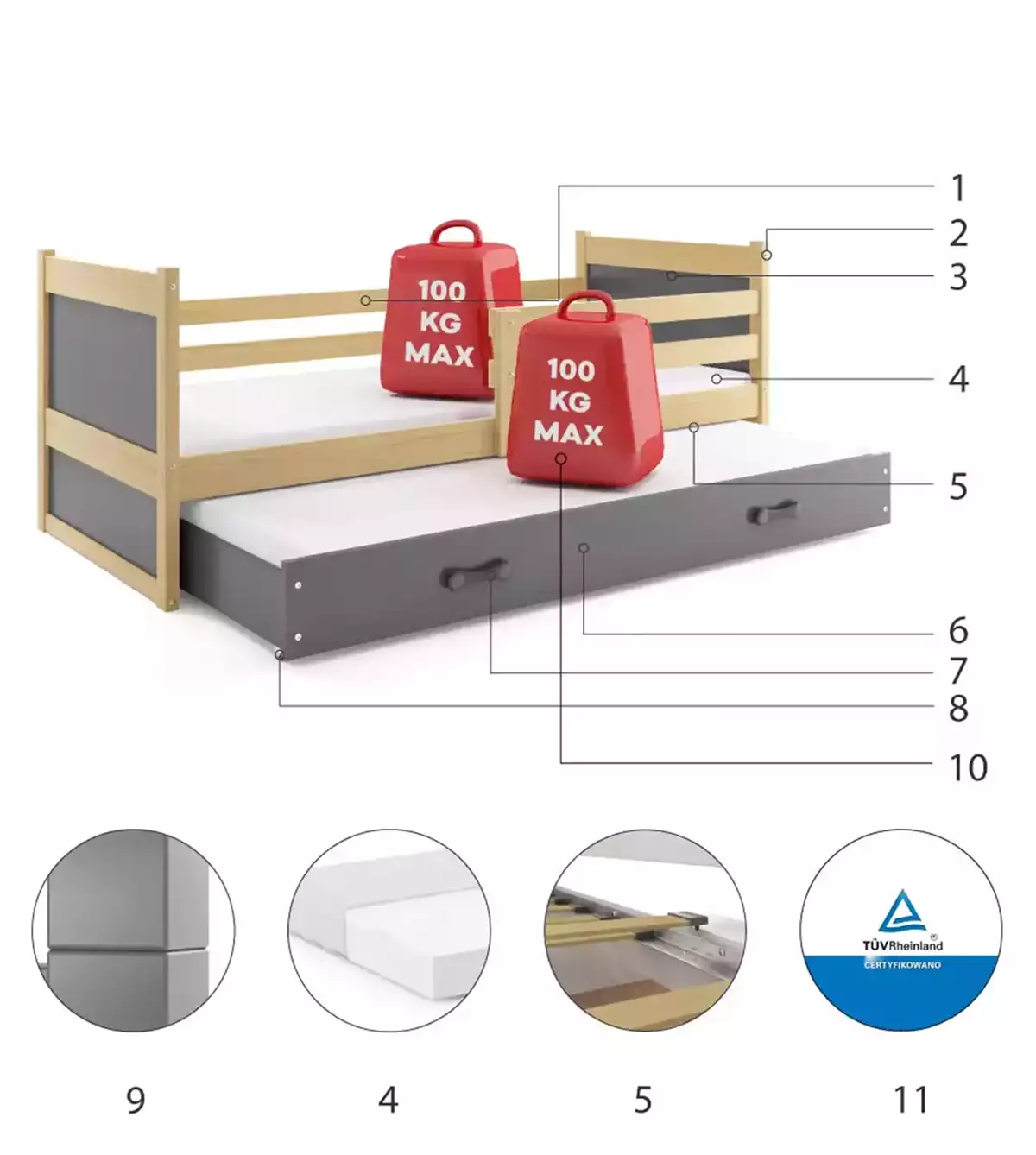 Composants pour Lit ado gigogne Rico 90X190 avec matelas et tiroir, pin/gris