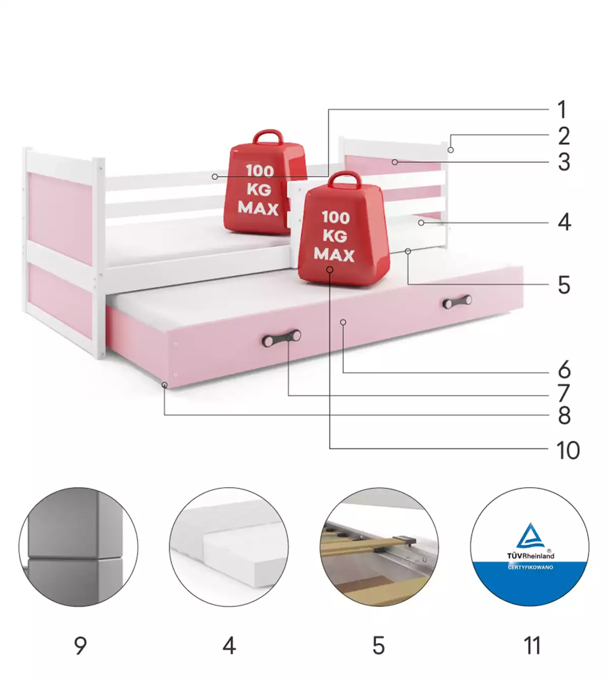 Composants pour Lit ado gigogne Rico 90X190 avec tiroir, blanc/rose Composants pour Lit ado gigogne Rico 90X190 avec tiroir, blanc/rose