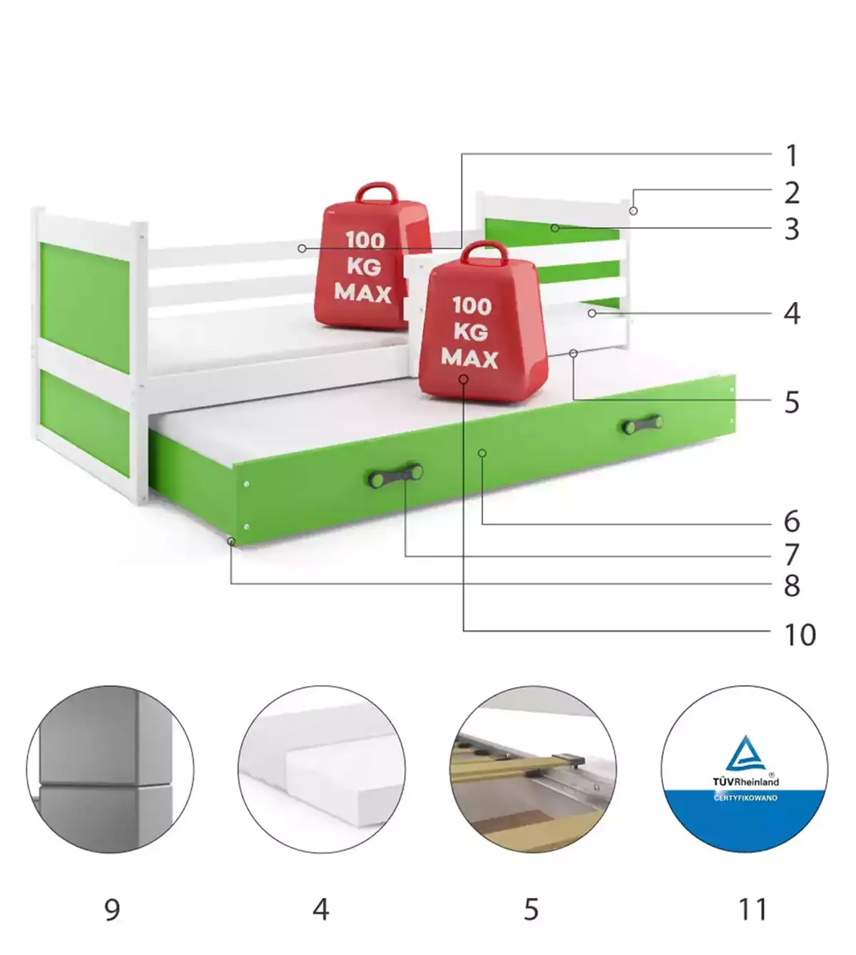 Composants pour Lit ado gigogne Rico 90X190 avec tiroir, blanc/vert