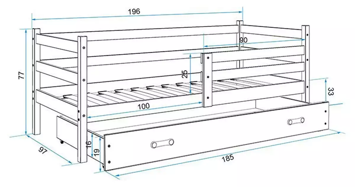 Dimensions et spécifications pour Lit ado simple Éric 90X190 avec matelas et tiroir, blanc/bleu