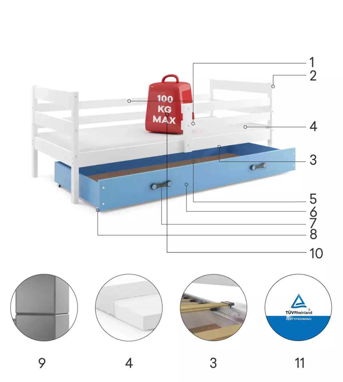 Composants pour Lit ado simple Éric 90X190 avec matelas et tiroir, blanc/bleu
