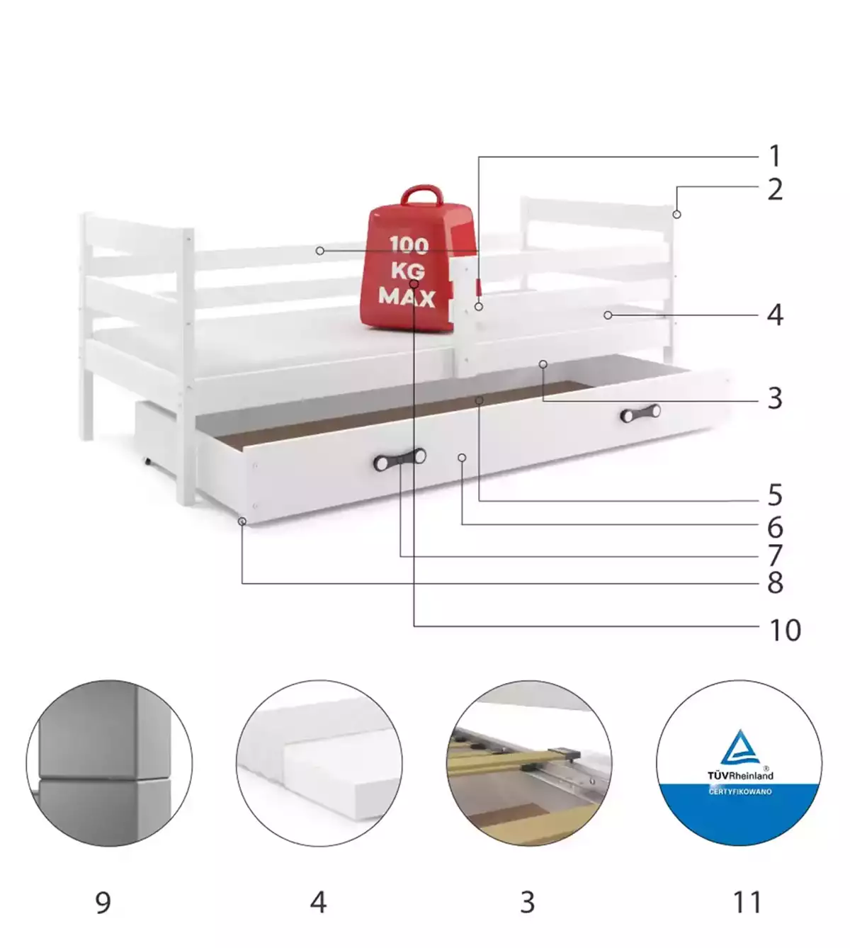 Composants pour Lit ado simple Éric 90X190 avec matelas et tiroir, blanc Composants pour Lit ado simple Éric 90X190 avec matelas et tiroir, blanc
