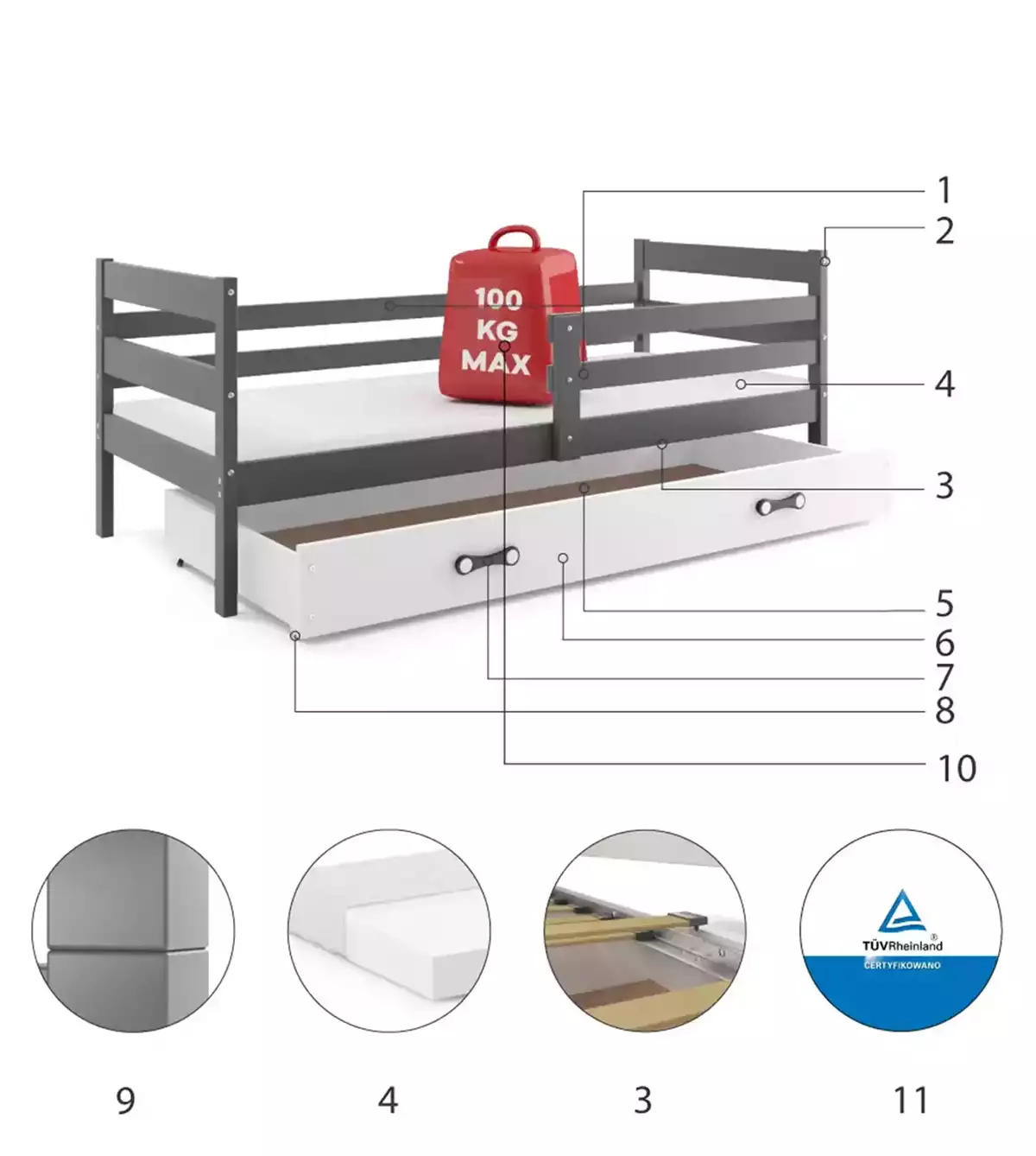 Composants pour Lit ado simple Éric 90X190 avec matelas et tiroir, gris/blanc
