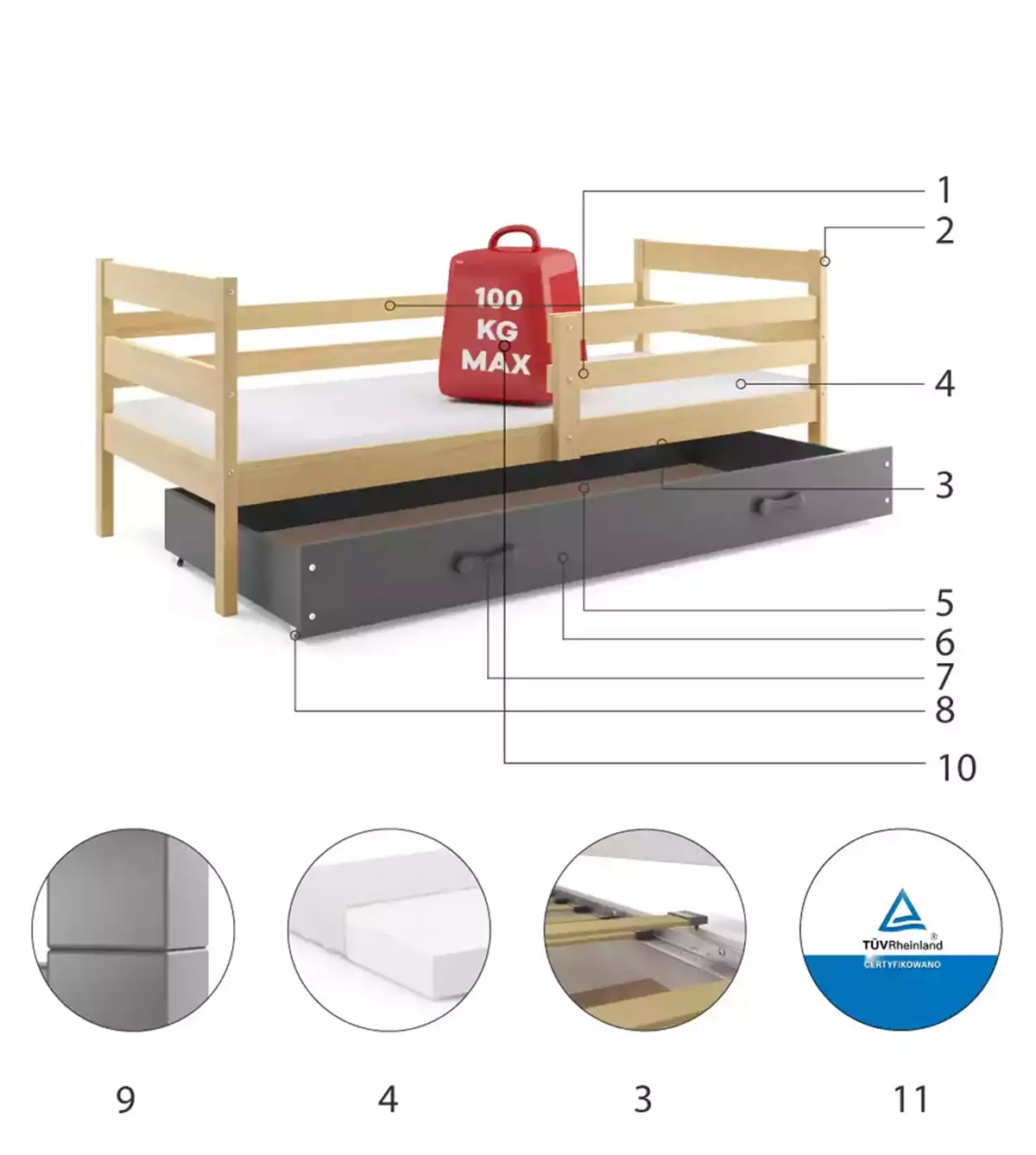 Composants pour Lit ado simple Éric 90X190 avec matelas et tiroir, pin/gris Composants pour Lit ado simple Éric 90X190 avec matelas et tiroir, pin/gris