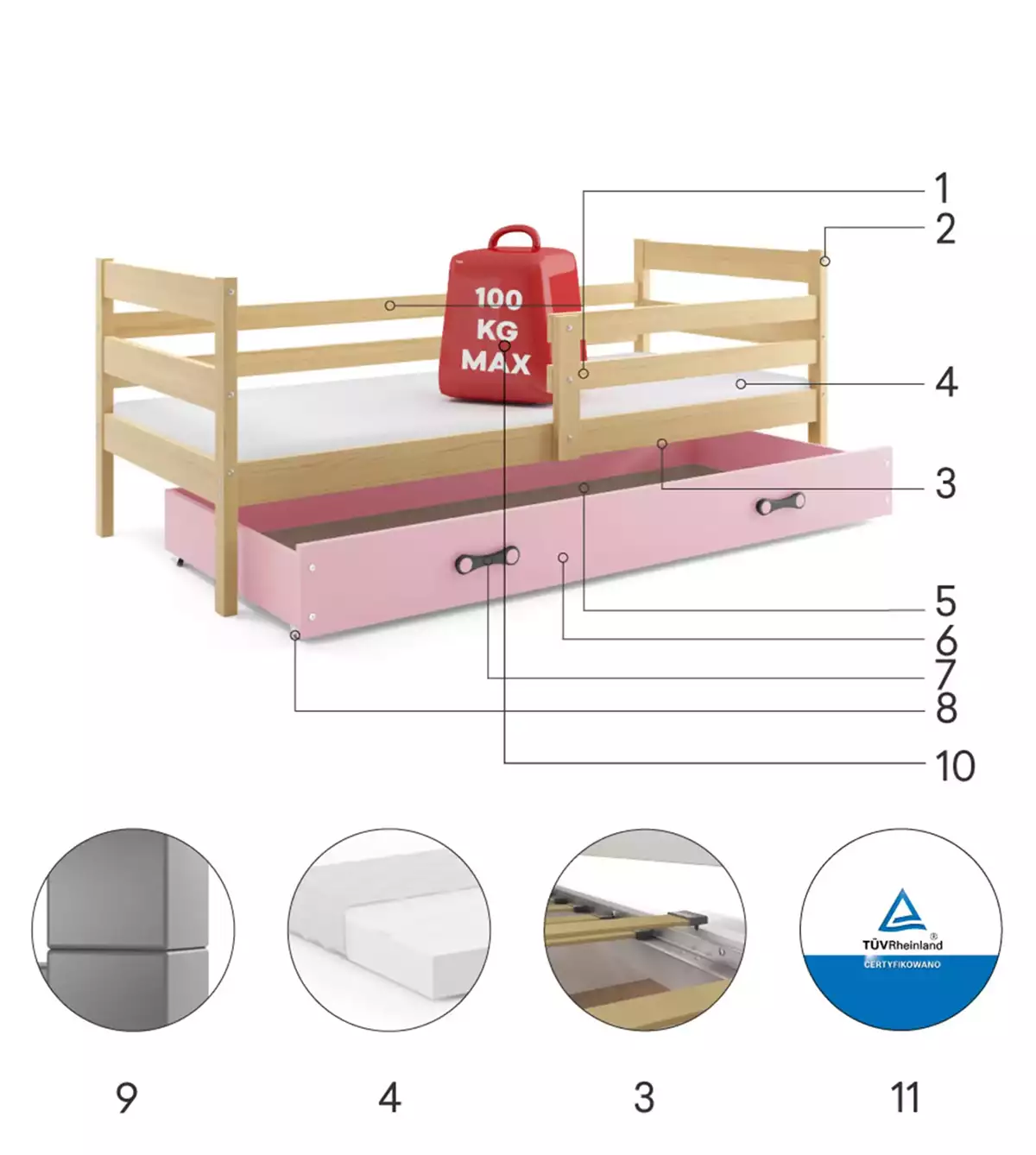 Composants pour Lit ado simple Éric 90X190 avec matelas et tiroir, pin/rose