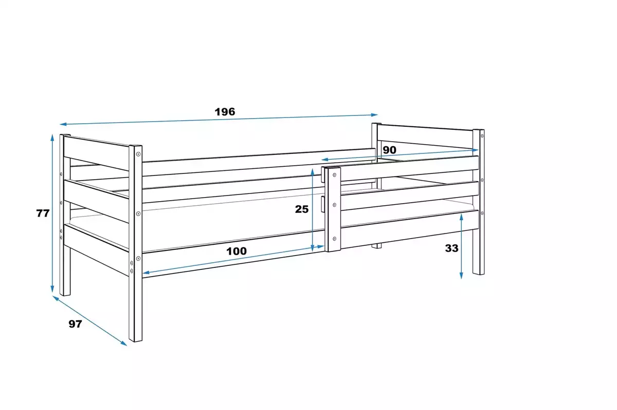 Dimensions et spécifications pour Lit ado simple Éric 90X190 avec matelas, pin