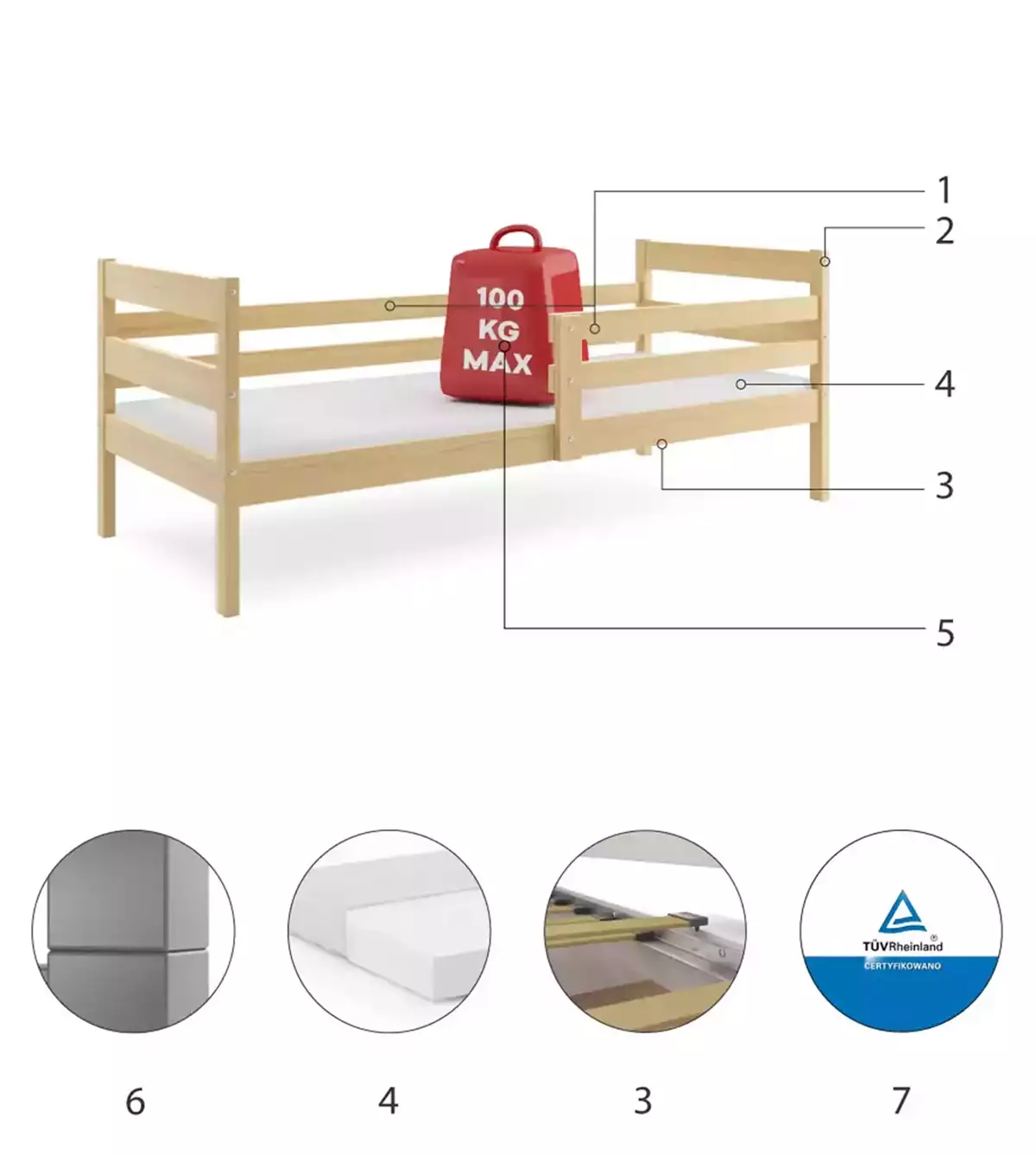 Composants pour Lit ado simple Éric 90X190 avec matelas, pin