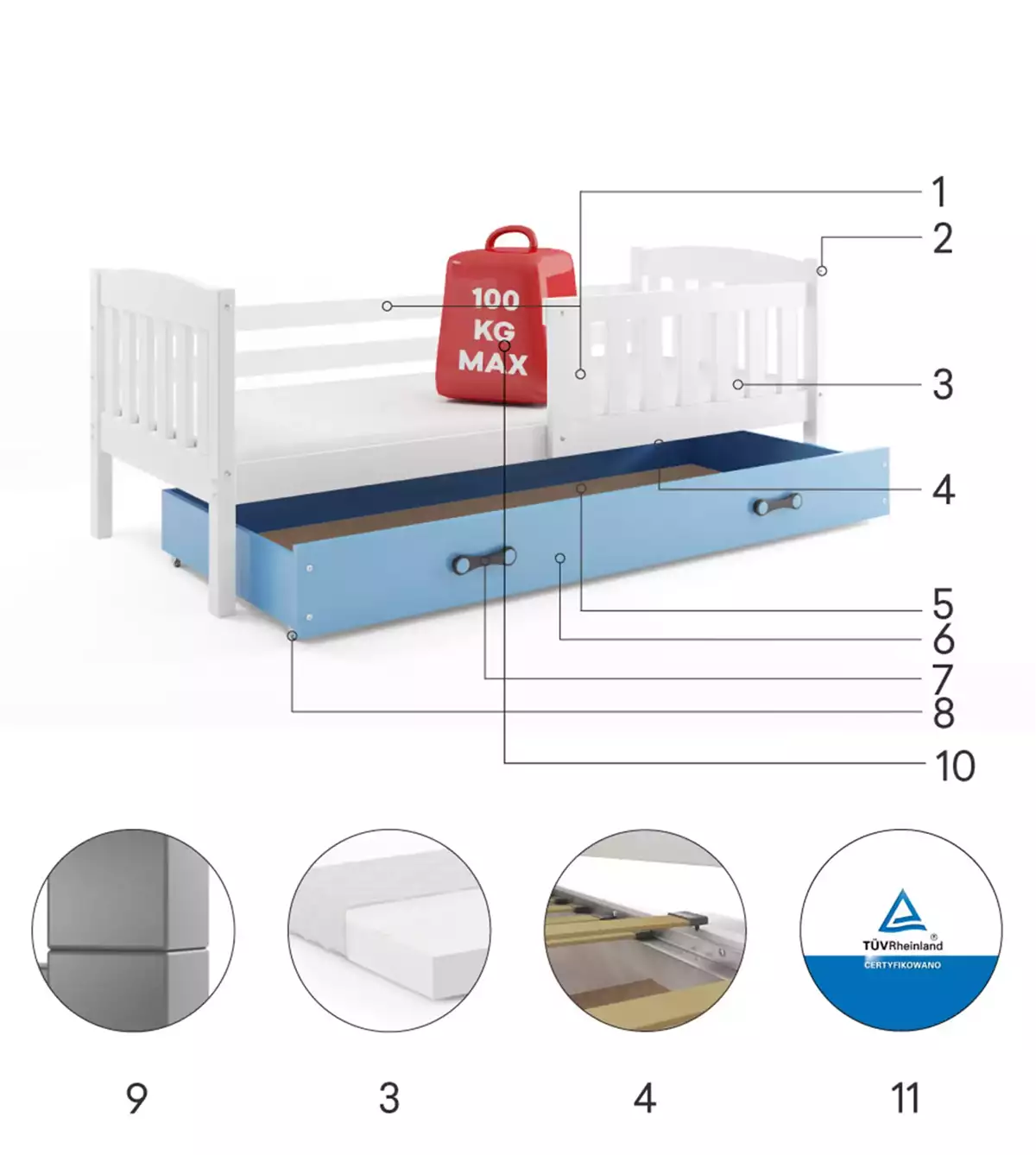 Composants pour Lit ado simple Jacquot 90X190 avec matelas et tiroir, blanc/bleu