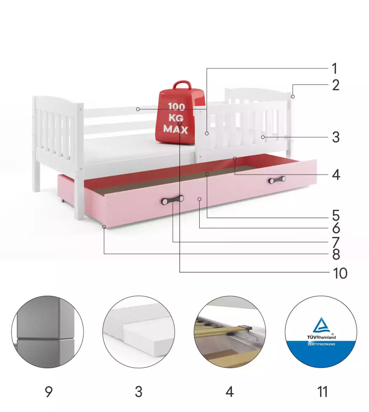 Composants pour Lit ado simple Jacquot 90X190 avec matelas et tiroir, blanc/rose