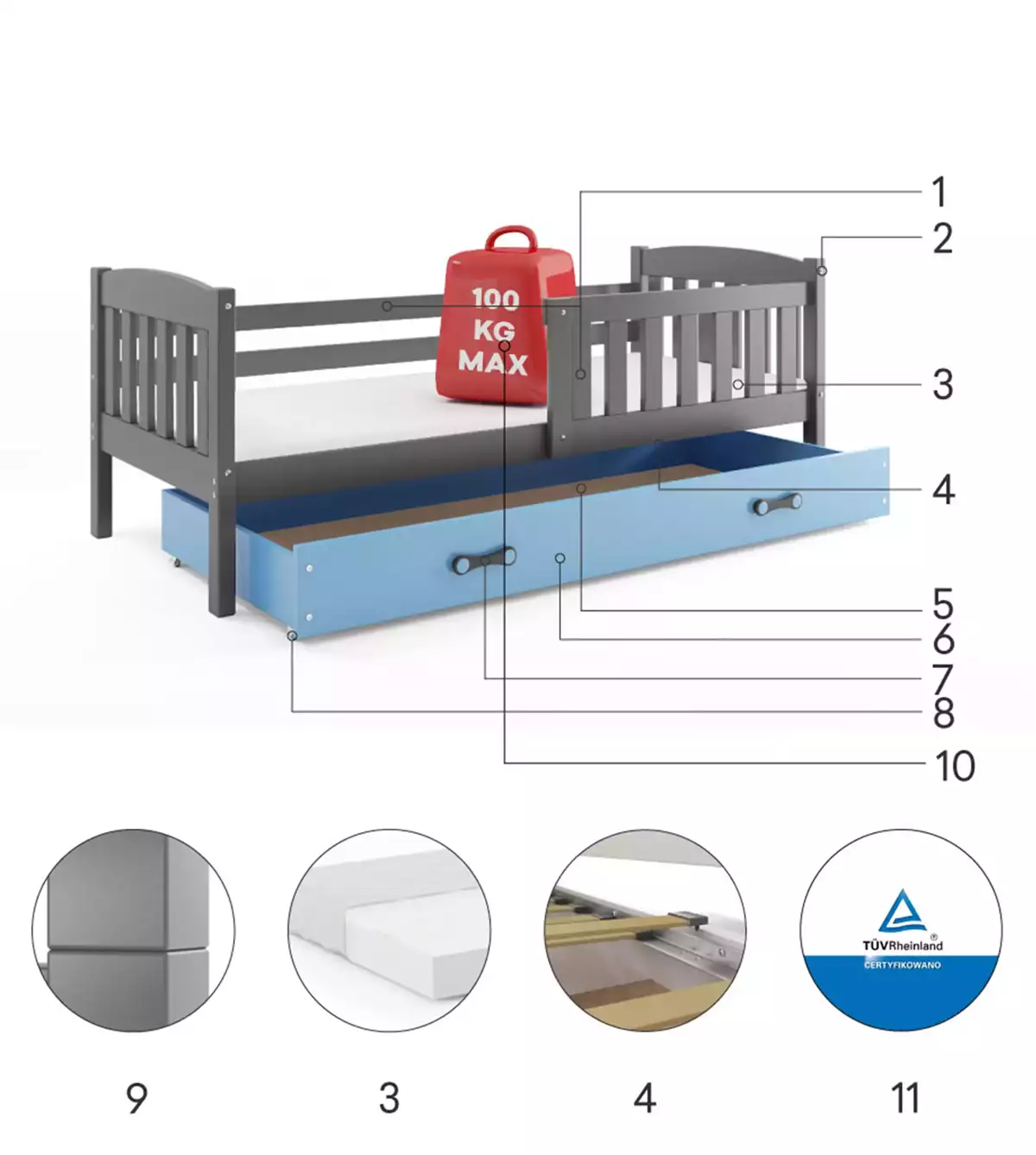 Composants pour Lit ado simple Jacquot 90X190 avec matelas et tiroir, gris/bleu