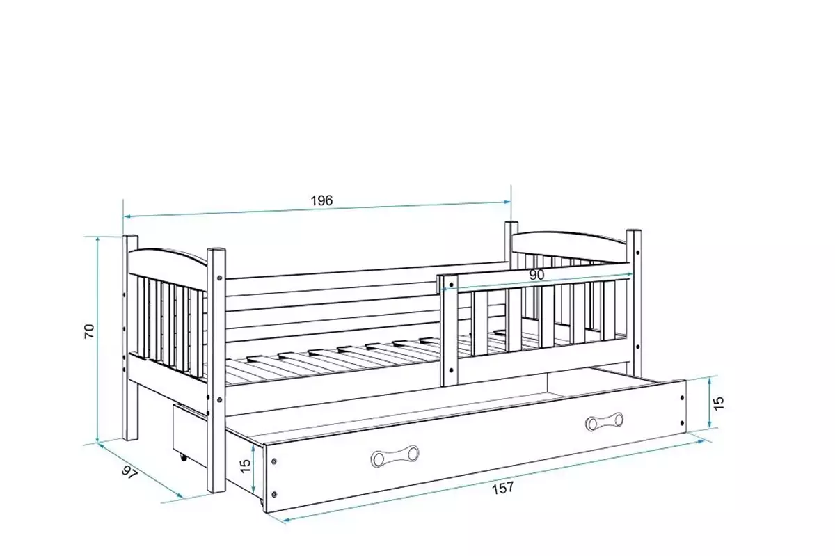 Dimensions et spécifications pour Lit ado simple Jacquot 90X190 avec matelas et tiroir, gris