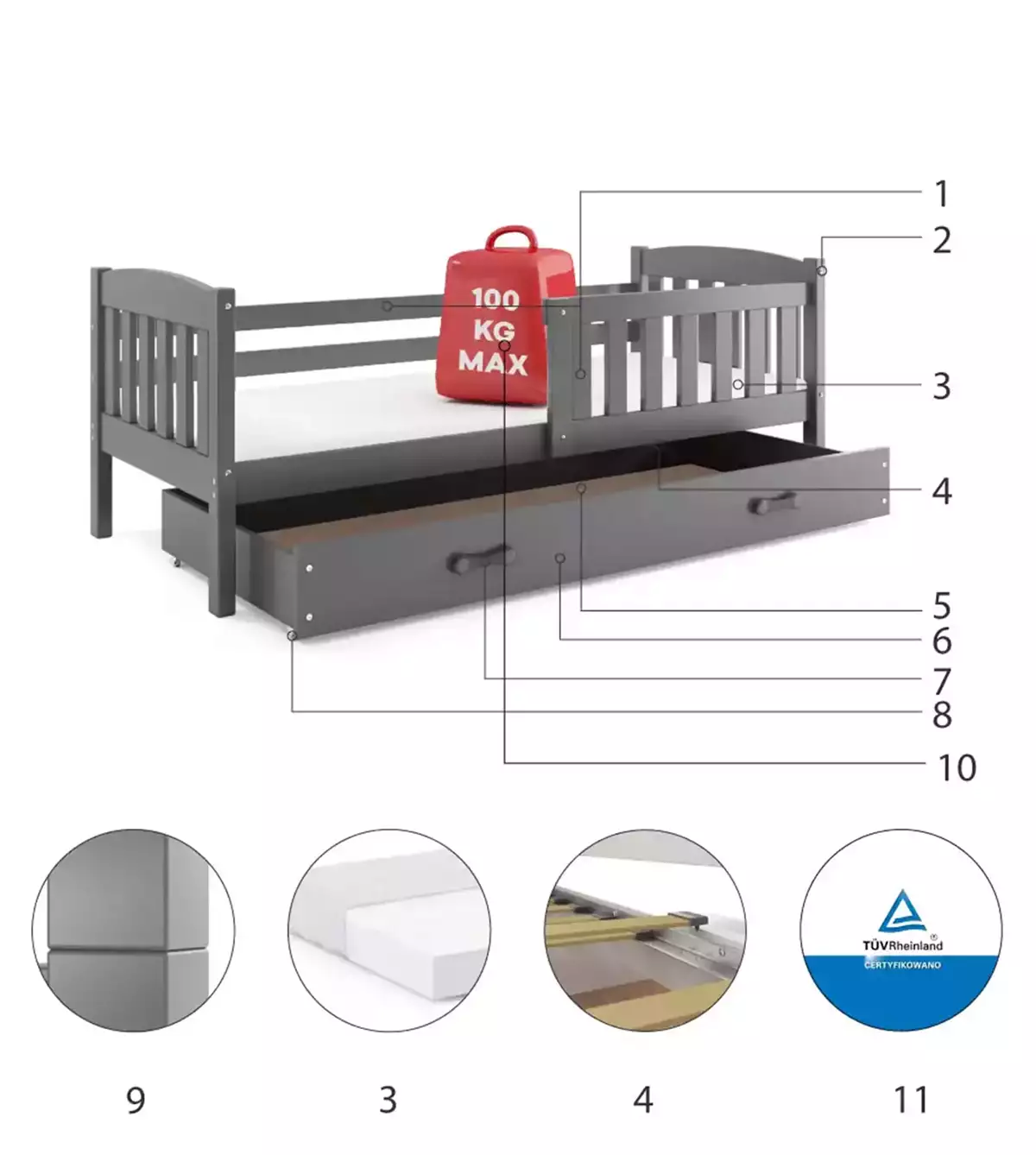 Composants pour Lit ado simple Jacquot 90X190 avec matelas et tiroir, gris