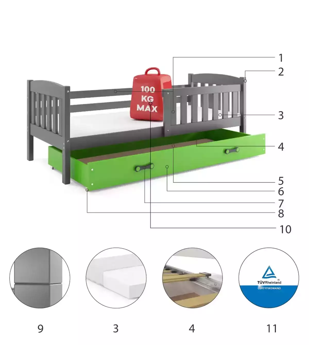 Composants pour Lit ado simple Jacquot 90X190 avec matelas et tiroir, gris/vert