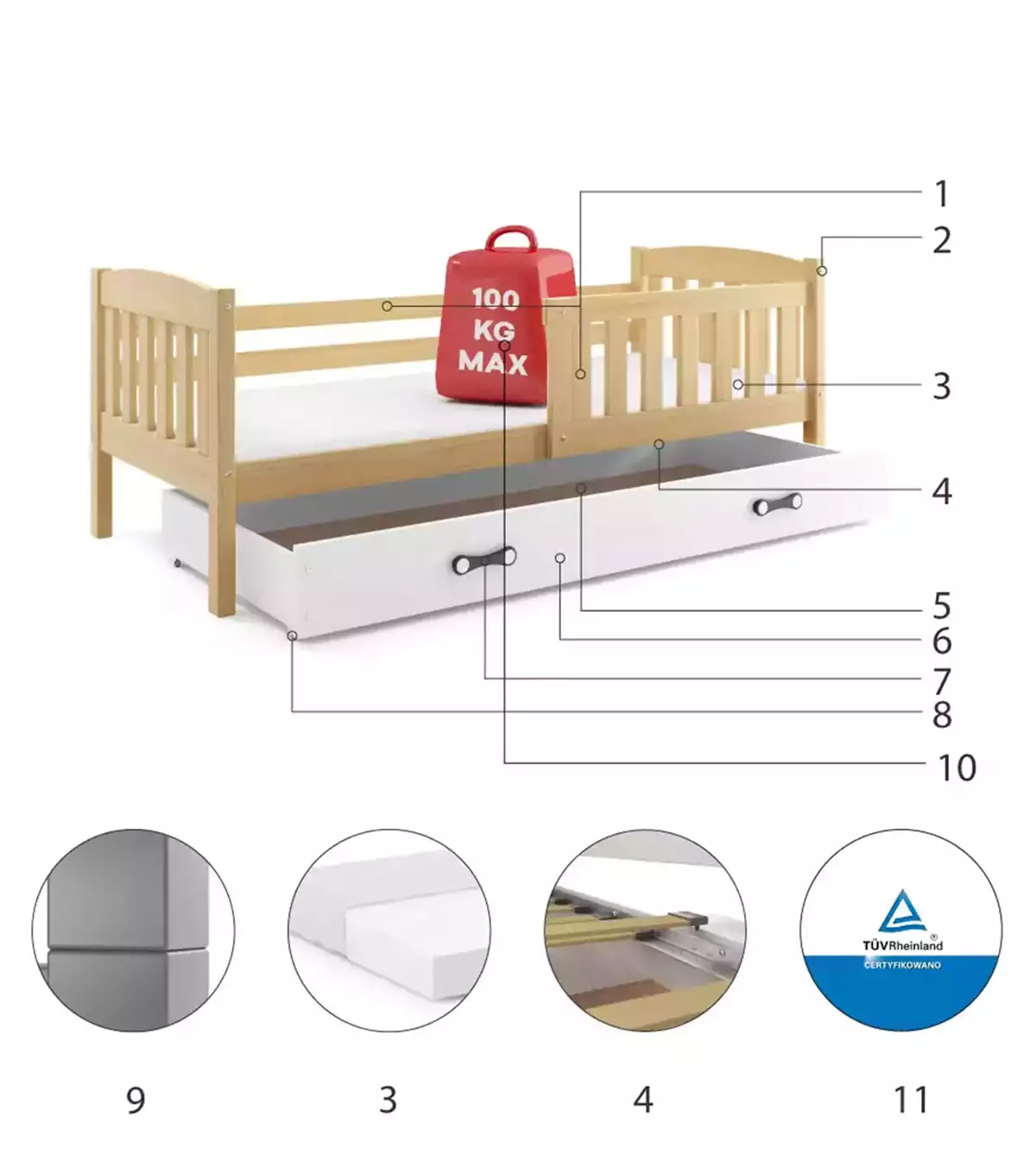 Composants pour Lit ado simple Jacquot 90X190 avec matelas et tiroir, pin/blanc