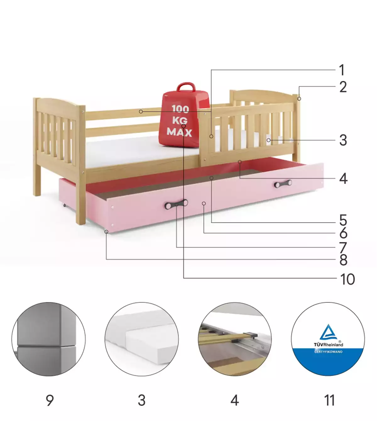 Composants pour Lit ado simple Jacquot 90X190 avec matelas et tiroir, pin/rose