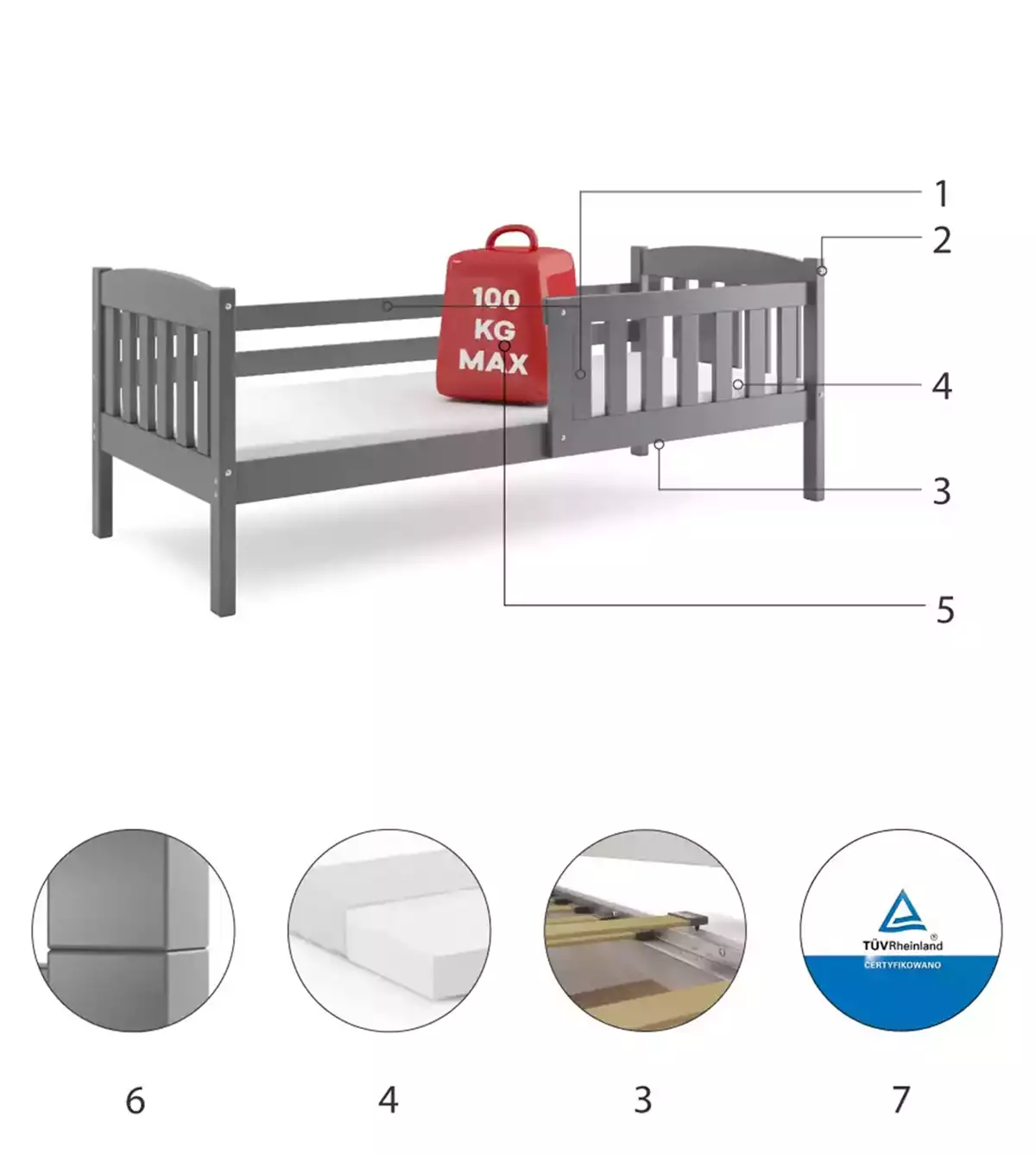 Composants pour Lit ado simple Jacquot 90X190 avec matelas, gris