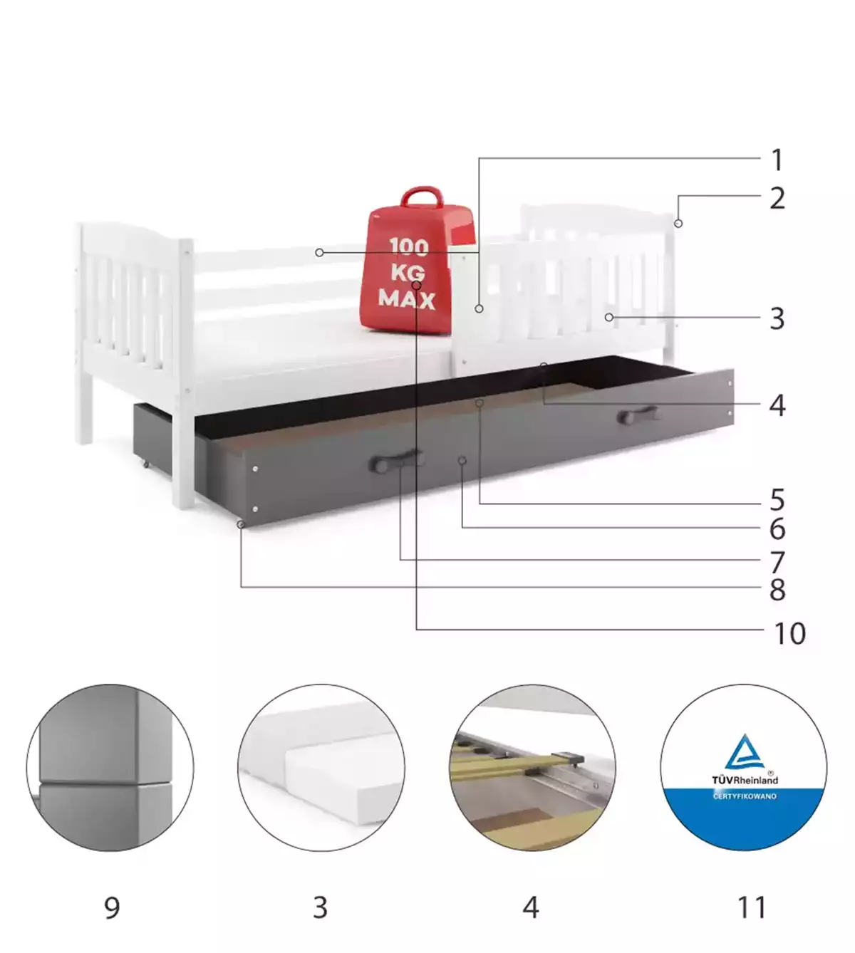 Composants pour Lit ado simple Jacquot 90X190 avec tiroir, blanc/gris Composants pour Lit ado simple Jacquot 90X190 avec tiroir, blanc/gris