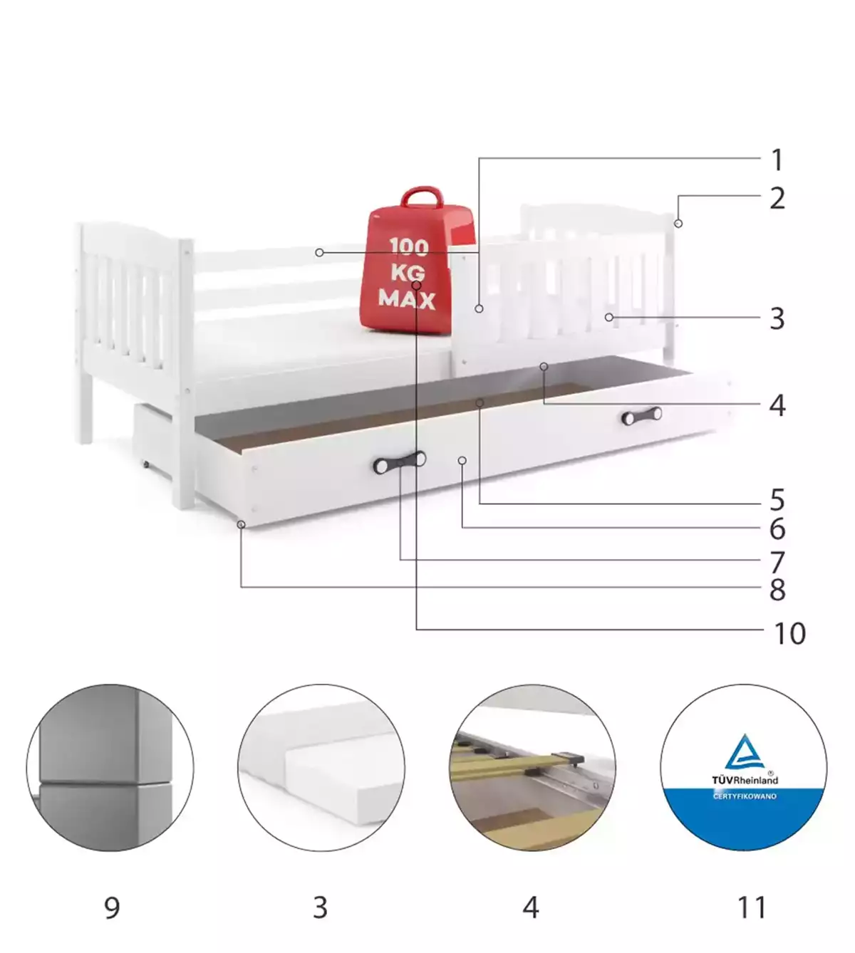 Composants pour Lit ado simple Jacquot 90X190 avec tiroir, blanc