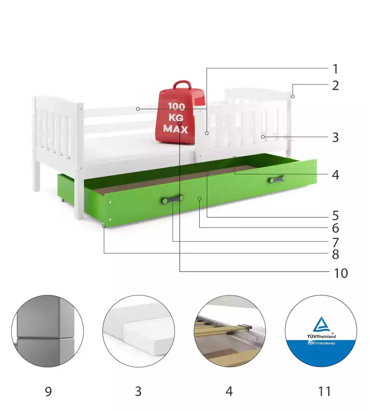 Composants pour Lit ado simple Jacquot 90X190 avec tiroir, blanc/vert